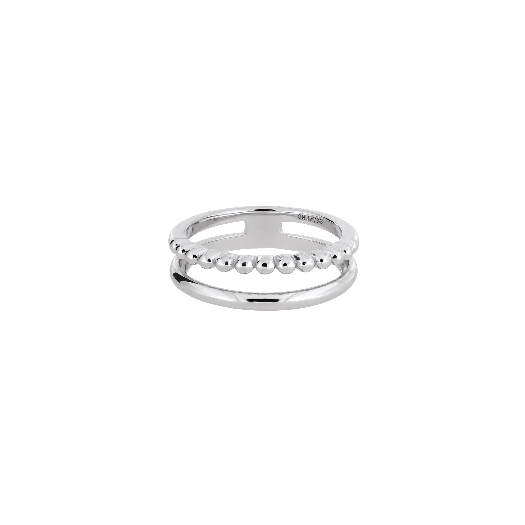 Sterling silver ring featuring a double band design with a smooth polished band and a beaded textured band, exemplifying contemporary designer silver jewellery.