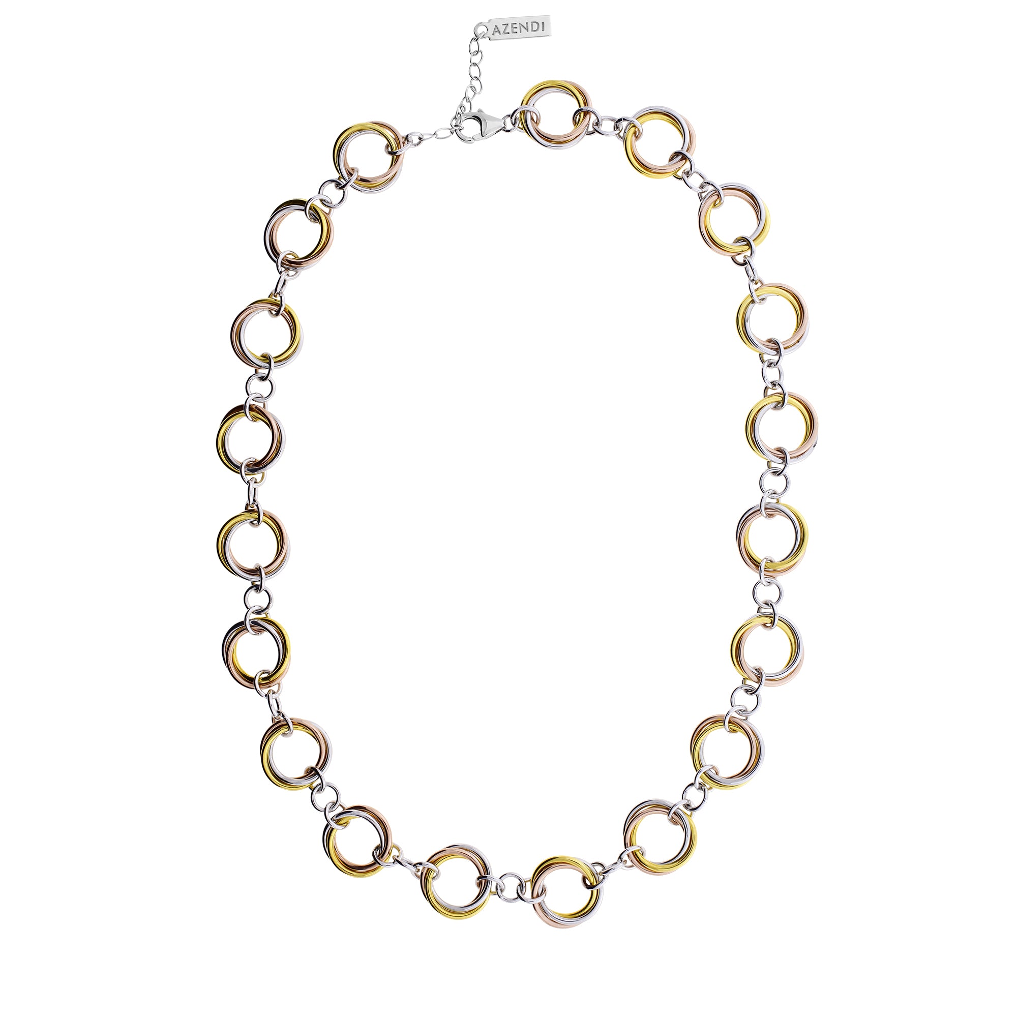 Sterling silver necklace featuring interlocking polished rings with a subtle gold vermeil overlay and an adjustable clasp, showcasing a modern, sculptural design.