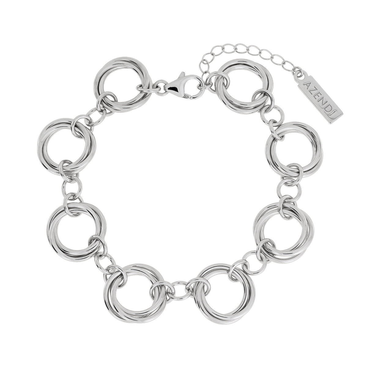 Sterling silver bracelet featuring an interconnected continuous love knot design with polished sculptural rings and an adjustable chain clasp for versatile wear.