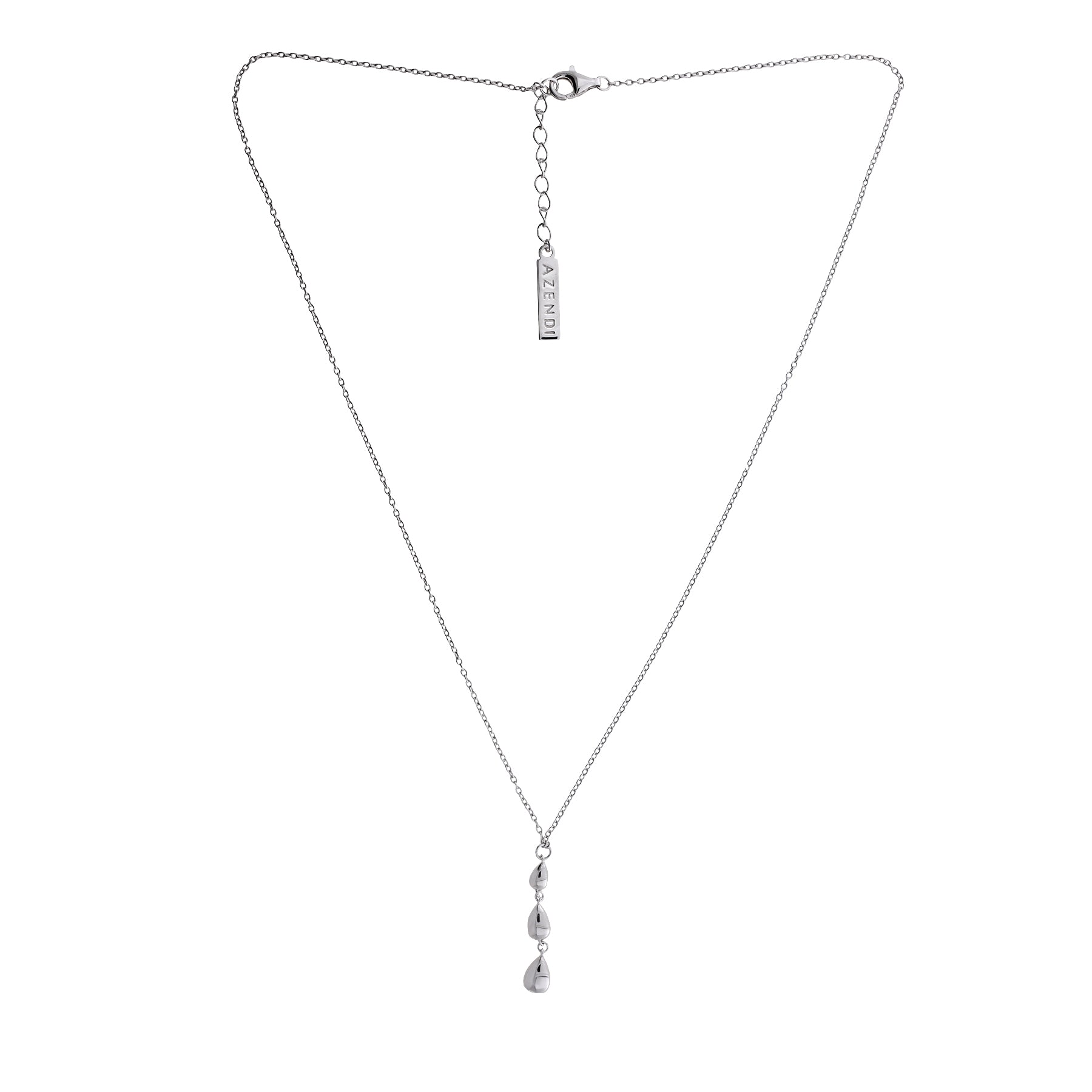 A delicate sterling silver necklace featuring a polished triple teardrop pendant suspended from a fine adjustable chain, showcasing minimalist sculptural design.