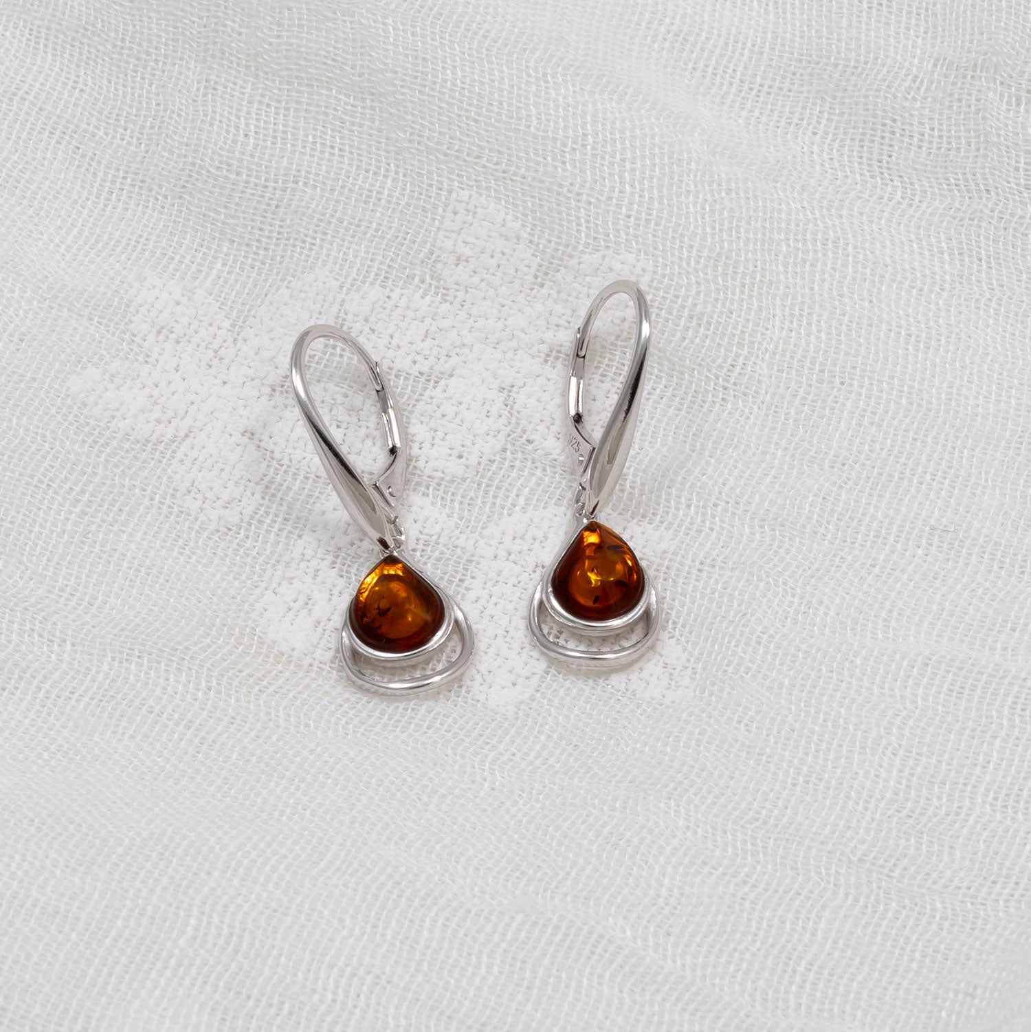 Silver Curling Teardrop Amber Drop Earrings
