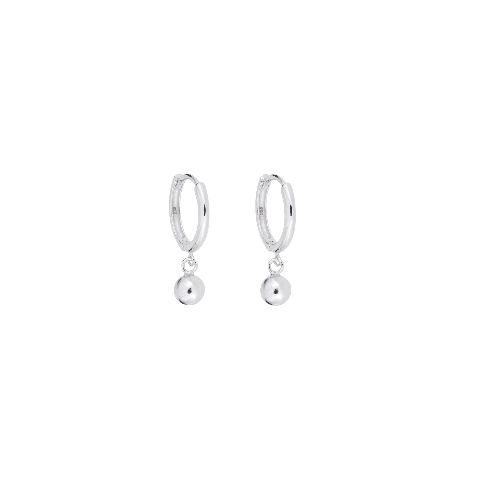 Pair of sterling silver hoop earrings featuring polished bead charms suspended delicately for a contemporary and sculptural fine jewellery statement.