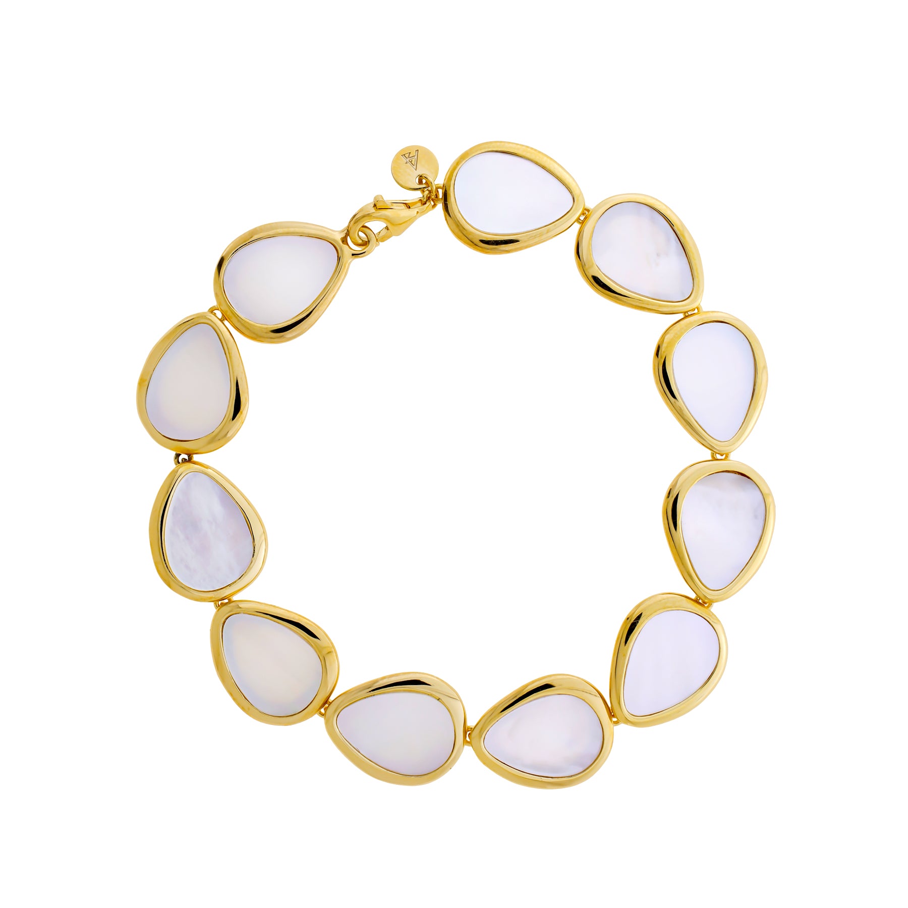 Gold vermeil bracelet featuring linked teardrop-shaped mother of pearl insets framed by polished gold edges, designed in a contemporary style on a white background.