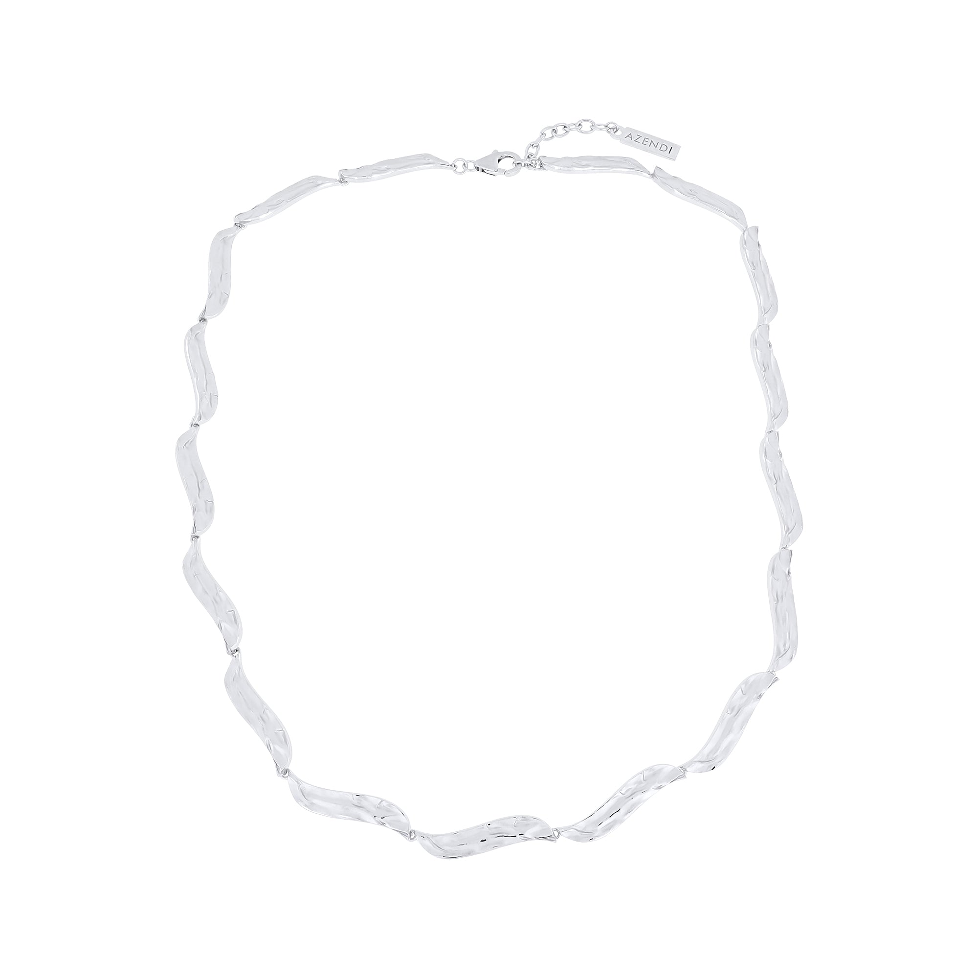 Sterling silver necklace featuring sculptural, undulating waterfall-inspired links with a polished finish and adjustable extension chain, exemplifying contemporary silver jewellery.