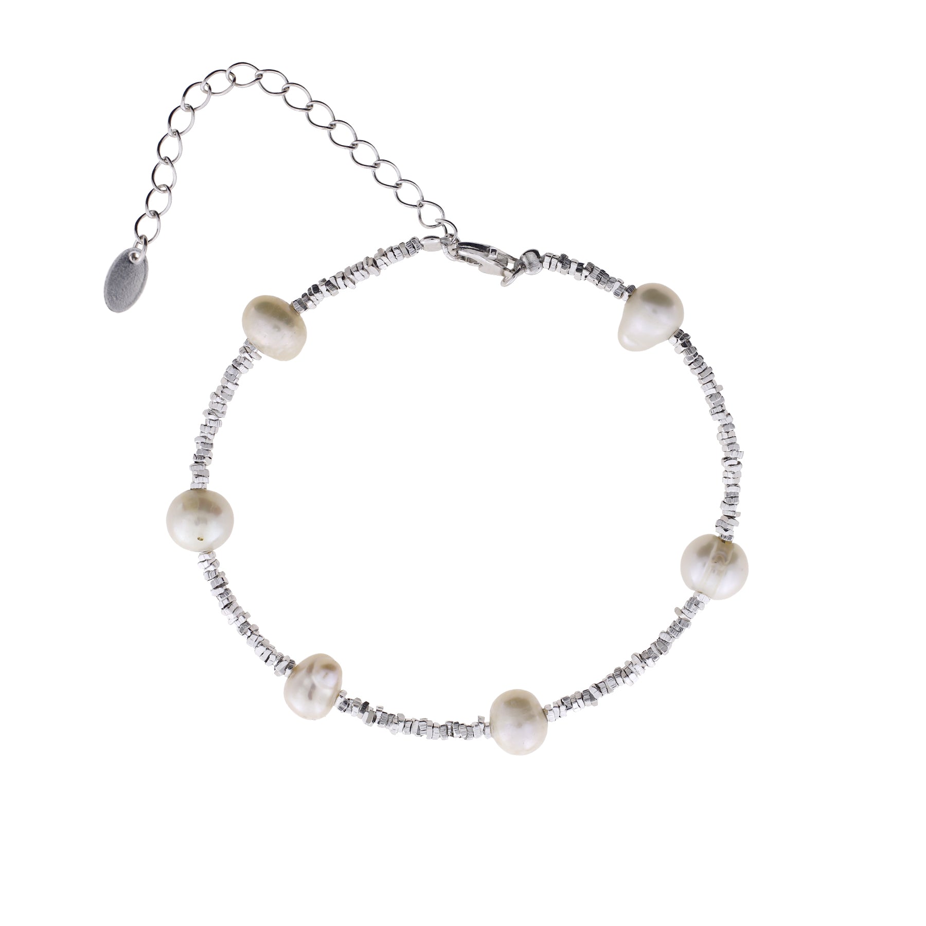 Sterling silver bracelet featuring polished cubed beads accented by lustrous freshwater pearls with an adjustable chain clasp, displayed on a white background.