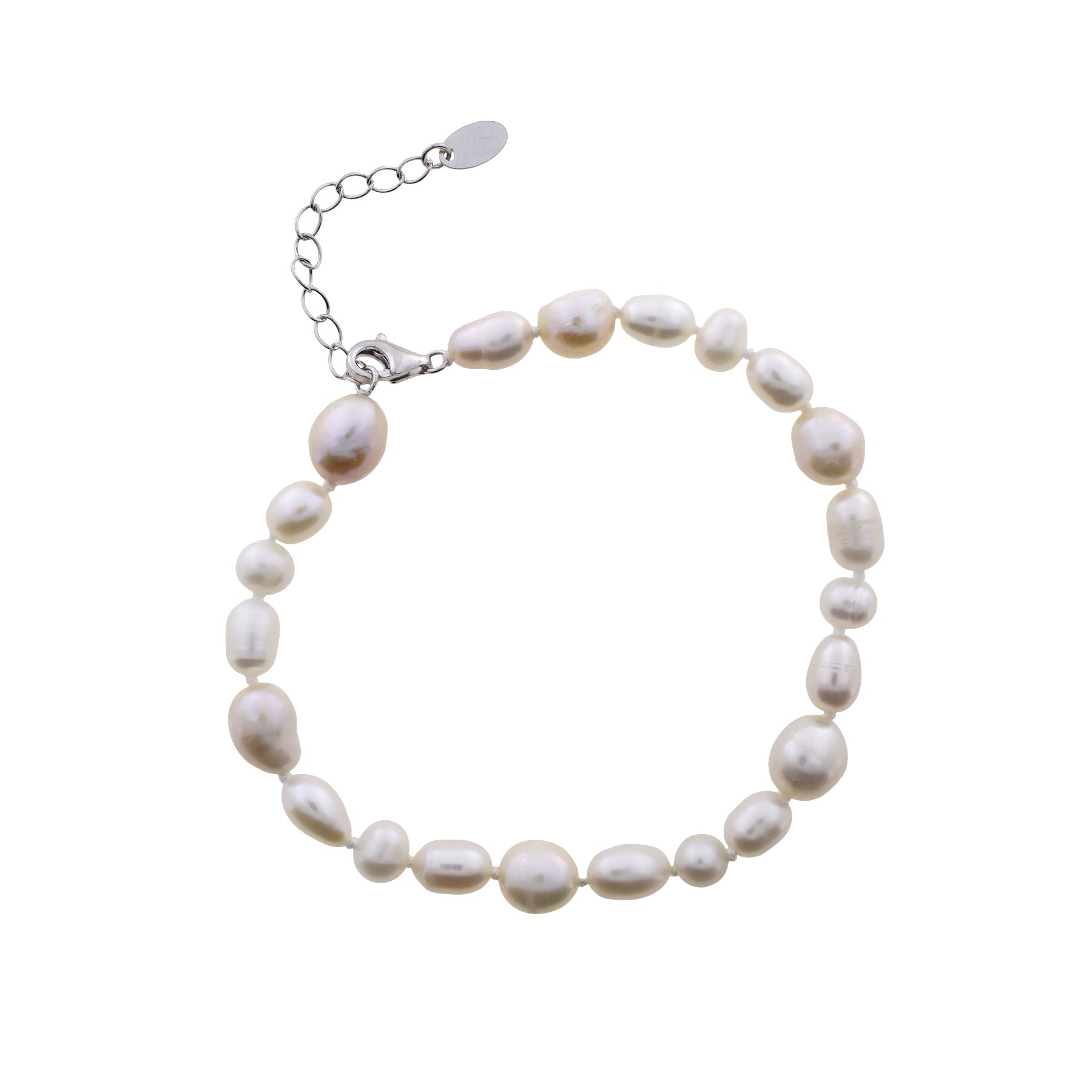 Elegant bracelet featuring irregular freshwater pearls strung on a sterling silver chain with an adjustable clasp, highlighting timeless silver jewellery design.