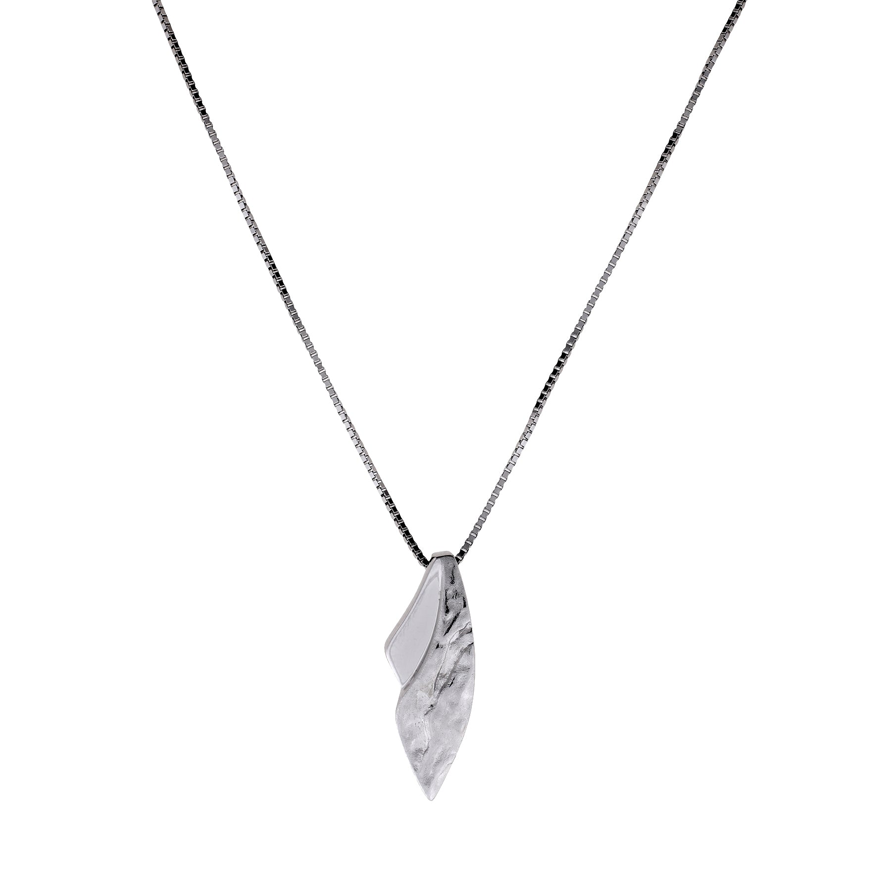 Sterling silver pendant combining curved polished and textured surfaces on a delicate chain, showcasing contemporary sculptural design in fine silver jewellery.