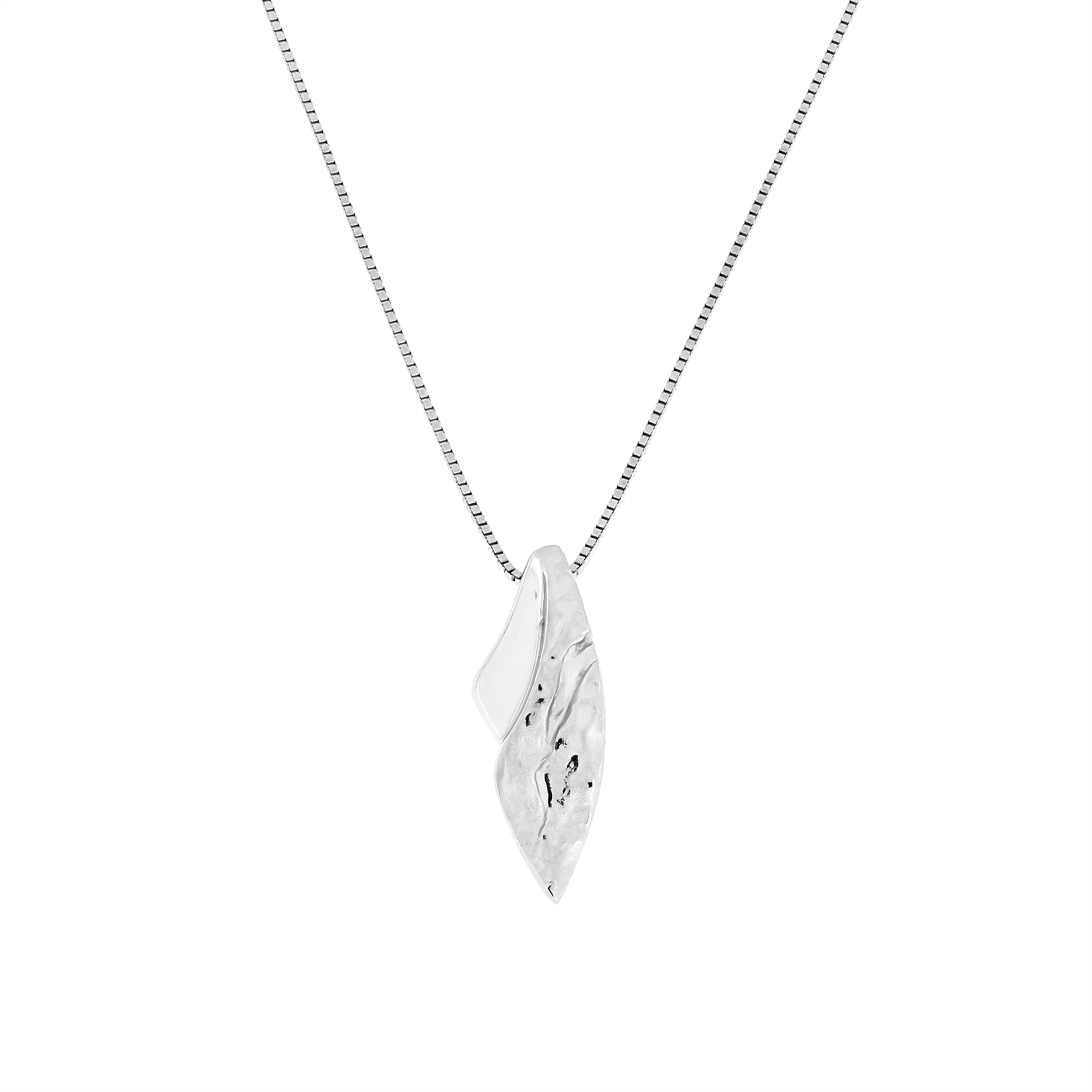 Sterling silver pendant combining curved polished and textured surfaces on a delicate chain, showcasing contemporary sculptural design in fine silver jewellery.