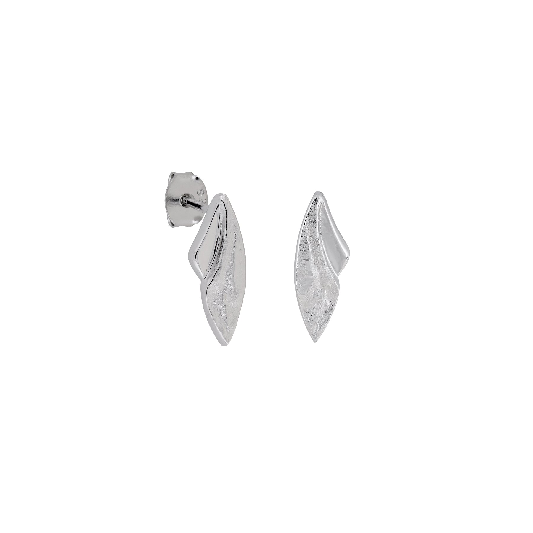 Pair of sterling silver stud earrings featuring a curved design with textured and polished surfaces, showcasing sculptural elegance in contemporary silver jewellery.