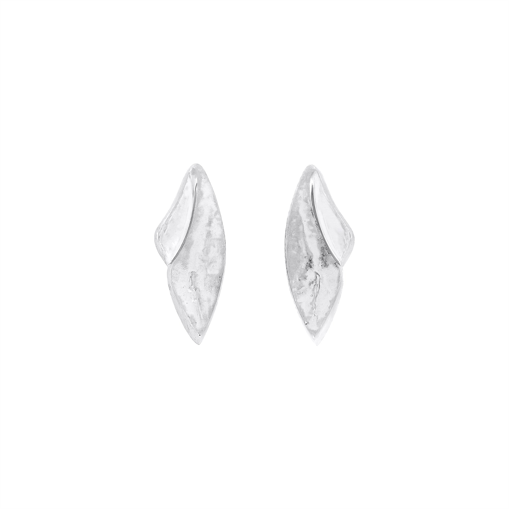 Pair of sterling silver stud earrings featuring a curved design with textured and polished surfaces, showcasing sculptural elegance in contemporary silver jewellery.