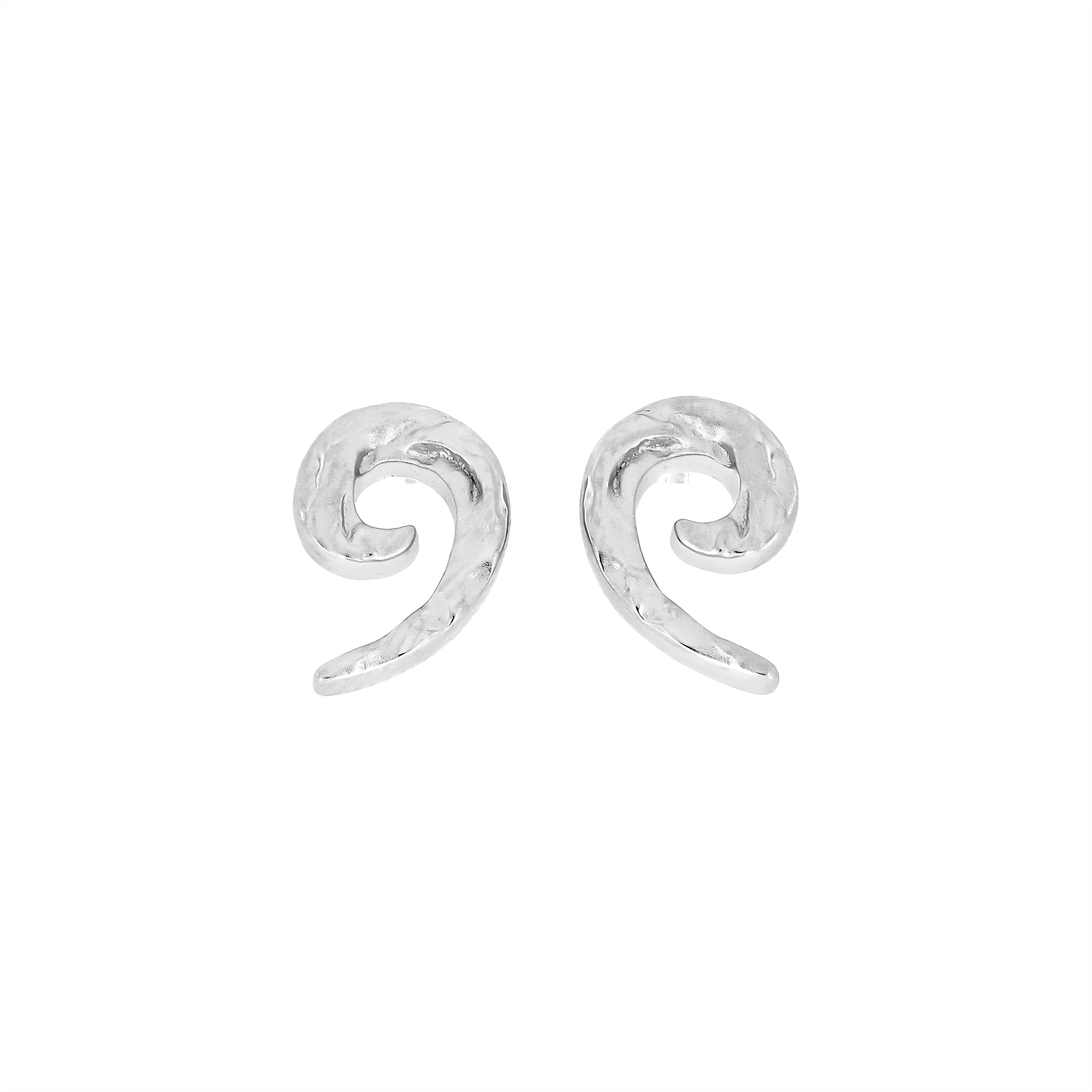 Pair of textured sterling silver stud earrings featuring a sculptural curling horn shape with a hammered finish, exemplifying refined contemporary silver jewellery.