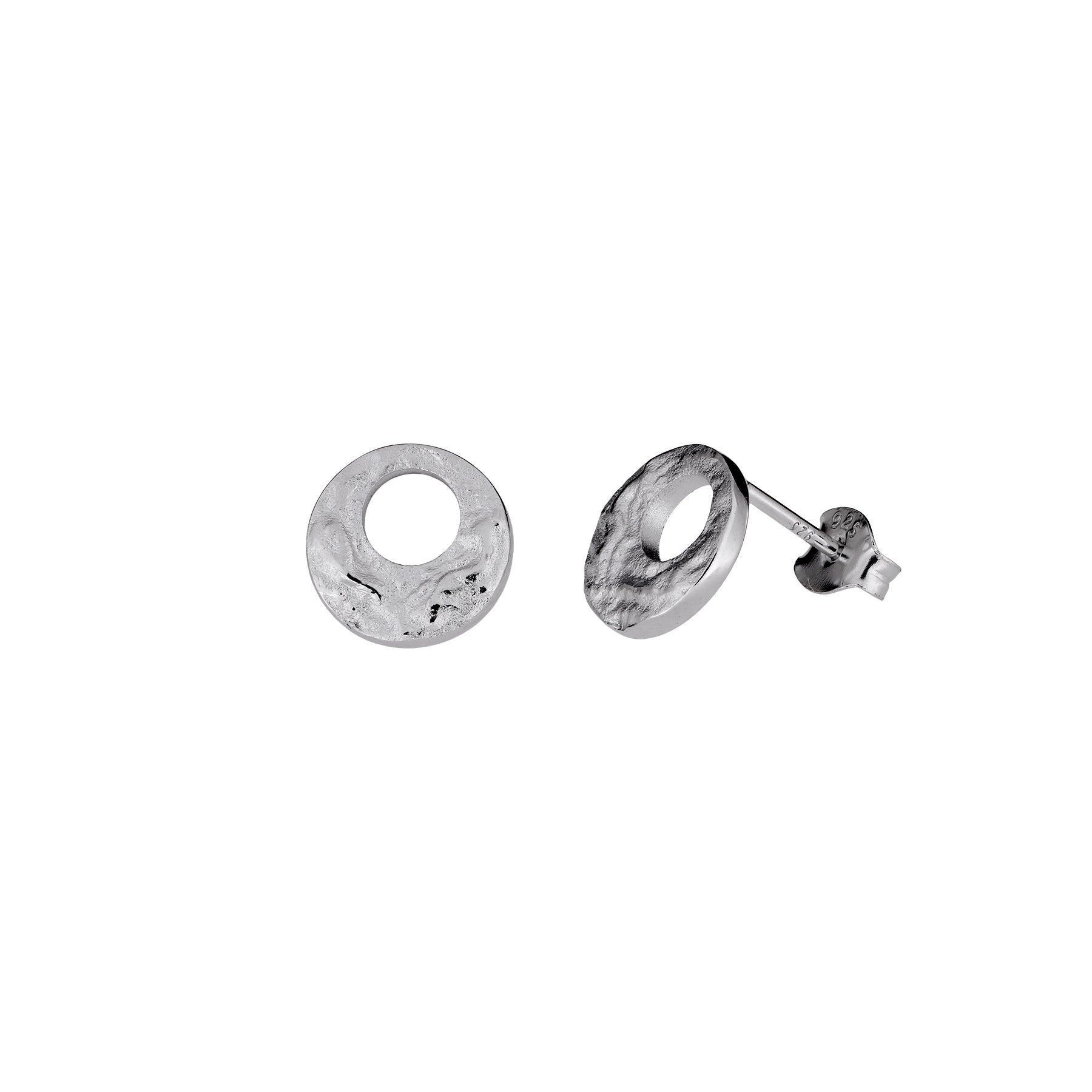 Pair of sterling silver stud earrings featuring textured circular discs with central cut-outs, showcasing a contemporary sculptural design in fine silver jewellery.