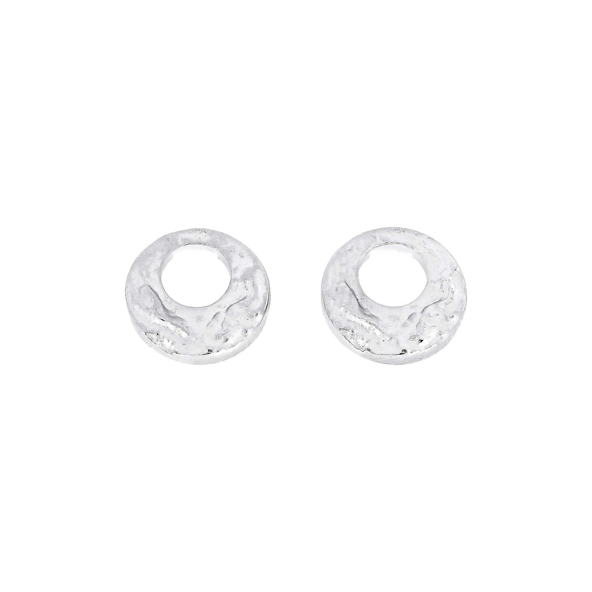 Pair of sterling silver stud earrings featuring textured circular discs with central cut-outs, showcasing a contemporary sculptural design in fine silver jewellery.
