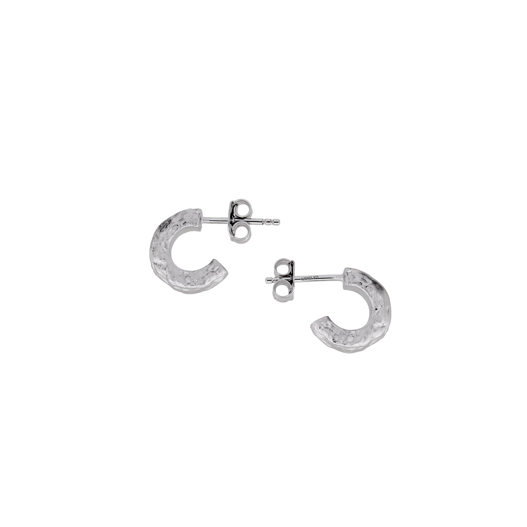 Pair of textured sterling silver half hoop earrings with a sculptural, hammered finish, offering a contemporary and elegant design in fine silver jewellery by Azendi.