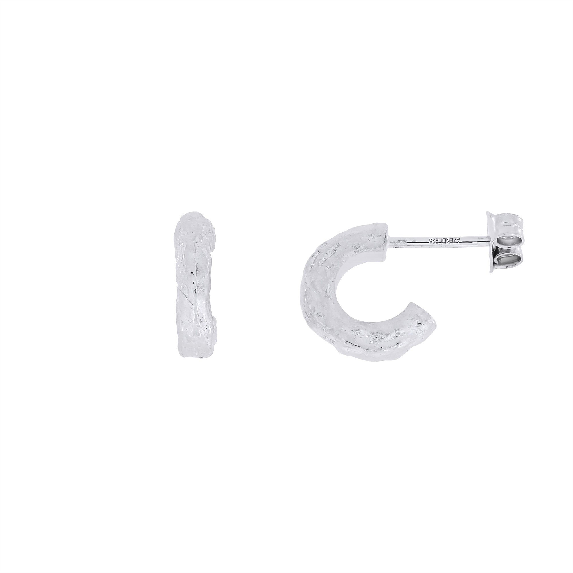 Pair of textured sterling silver half hoop earrings with a sculptural, hammered finish, offering a contemporary and elegant design in fine silver jewellery by Azendi.