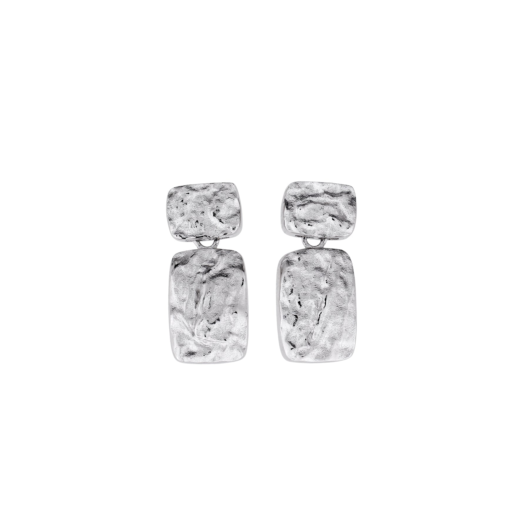 Rectangular drop earrings in polished sterling silver featuring an organic, textured surface with a modern sculptural design for refined British silver jewellery.