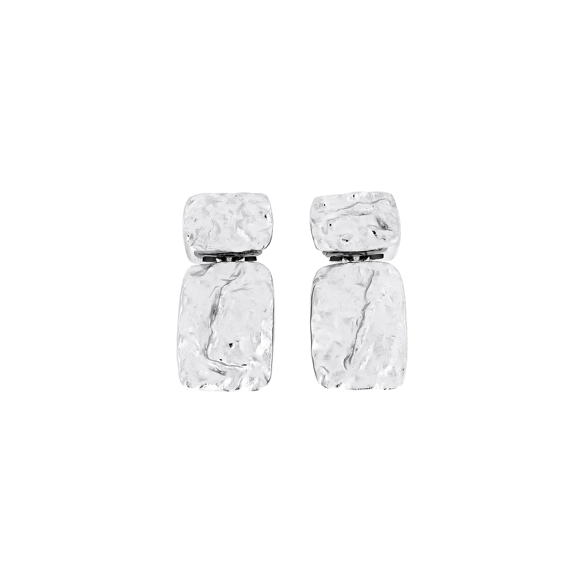 Rectangular drop earrings in polished sterling silver featuring an organic, textured surface with a modern sculptural design for refined British silver jewellery.