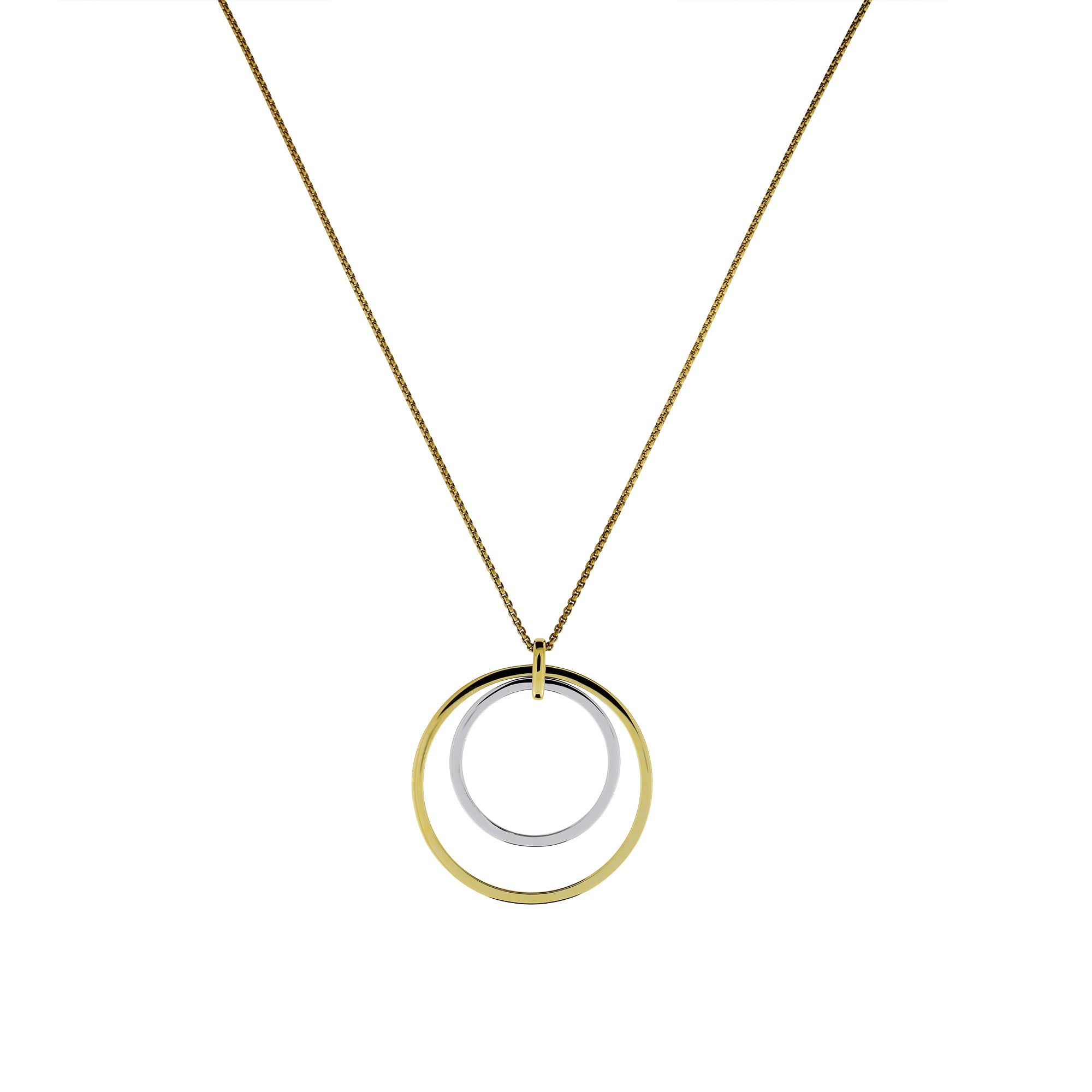 Delicate pendant featuring two interlocking circles in sterling silver and gold vermeil, suspended from a fine chain for a modern, sculptural statement.