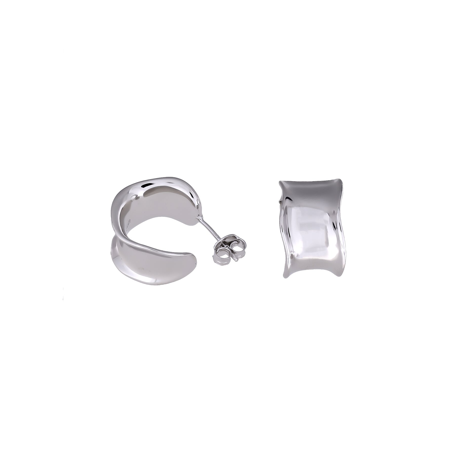 Pair of sterling silver earrings with a beveled, undulating surface creating a modern wavy hoop silhouette, showcasing sculptural elegance in fine silver jewellery.