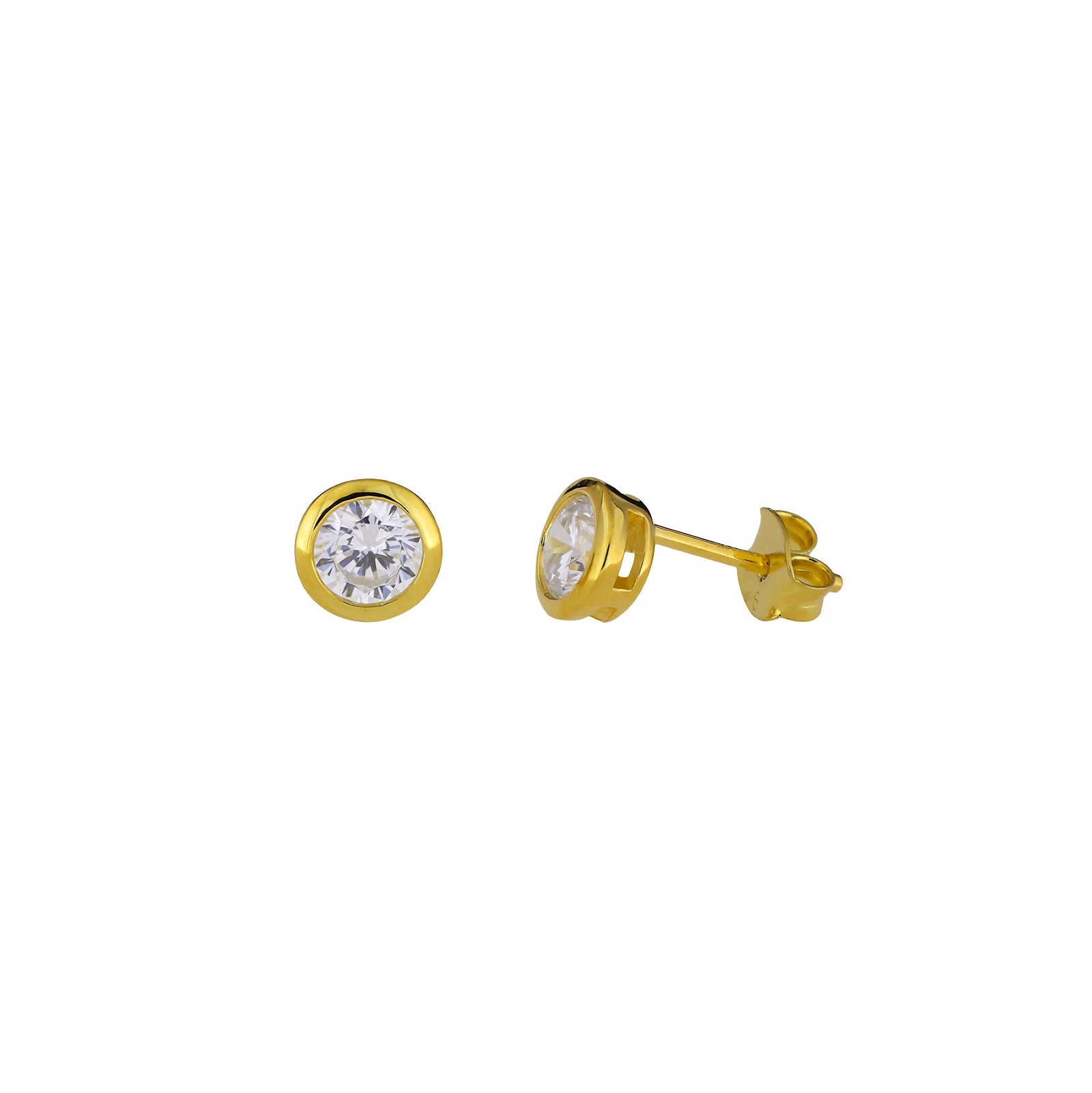 Pair of gold vermeil stud earrings each featuring a brilliant cut clear stone set in a simple, polished bezel setting against a white background.