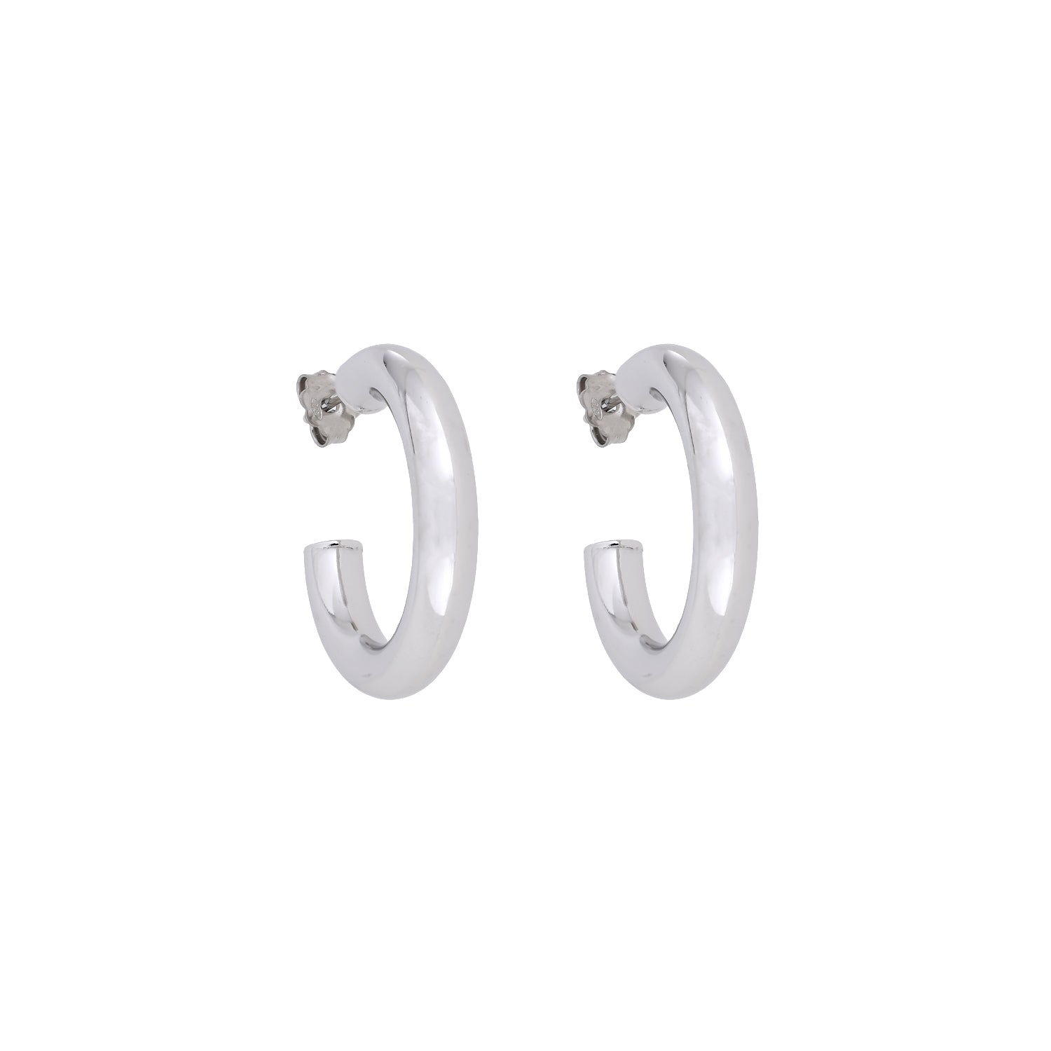 Pair of sterling silver chunky hoop earrings featuring a smooth polished finish and bold curved silhouette, offering a contemporary statement in silver jewellery.