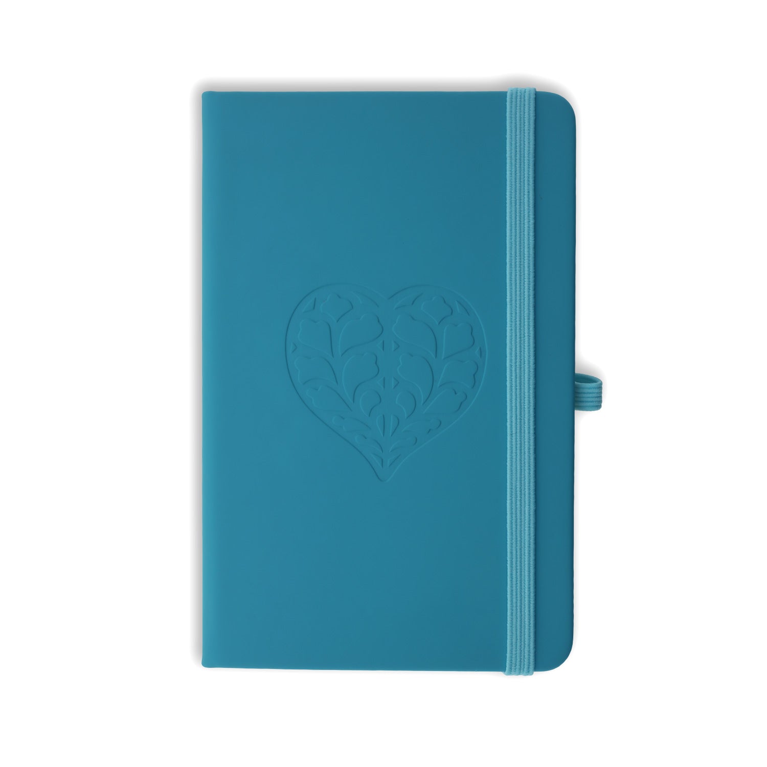 Blue A6 notebook featuring an embossed heart design on the cover, secured with an elastic band and equipped with a pen holder loop.