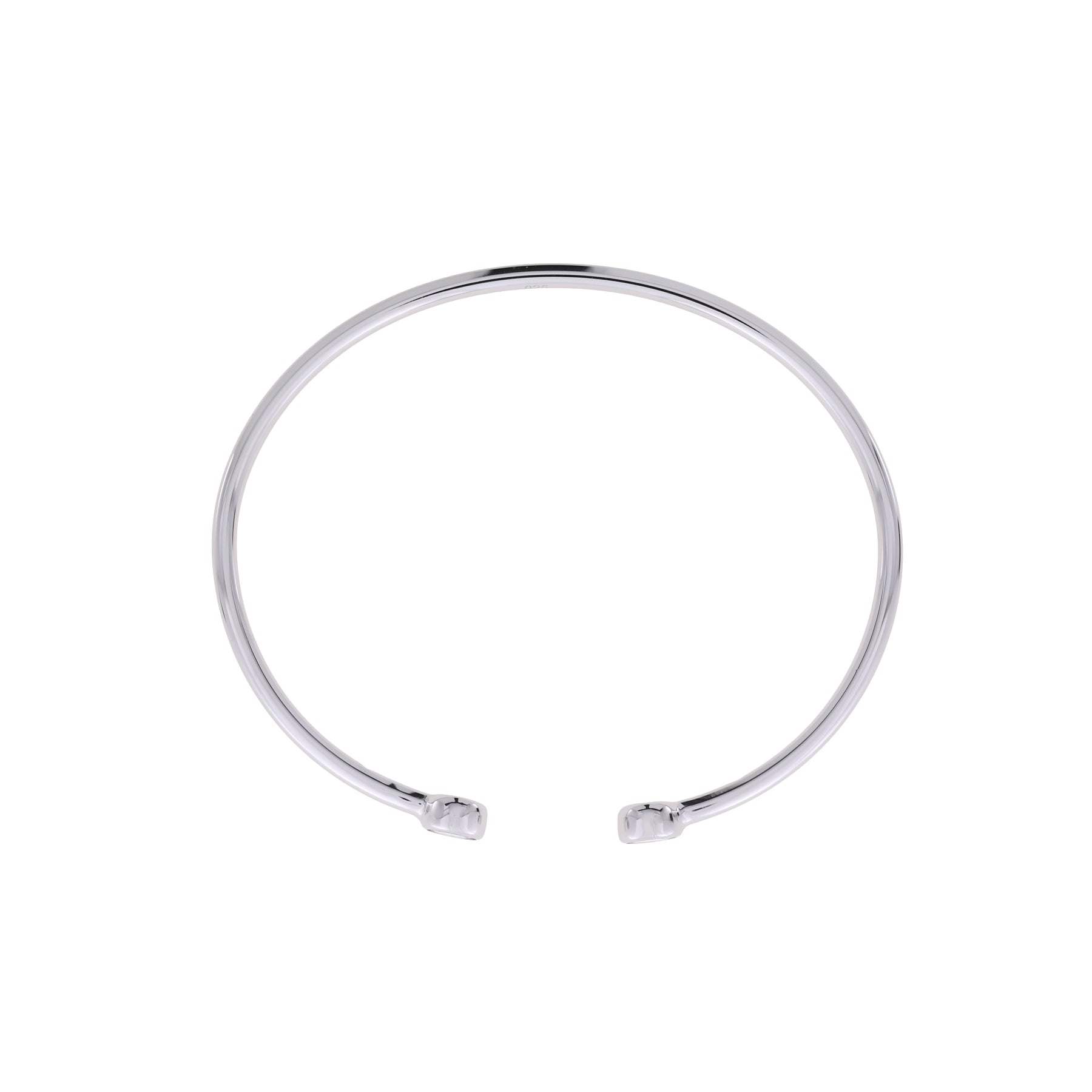 Delicate sterling silver flexi cuff bangle featuring two sparkling cubic zirconia stones at each open end, combining simplicity with subtle luxury in modern British silver jewellery.