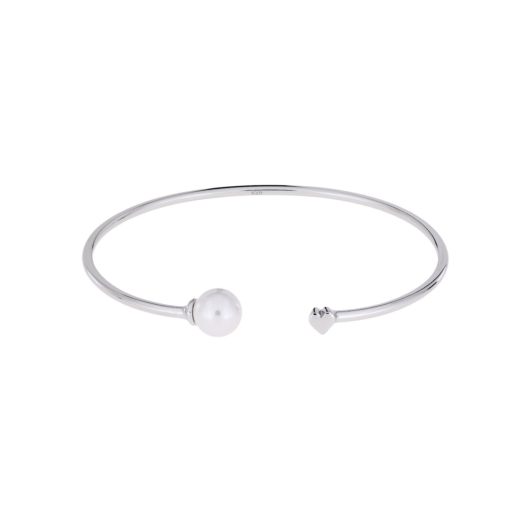 Delicate sterling silver flexi cuff featuring a lustrous shell pearl on one end and a polished heart detail on the other, showcasing elegant British design by Azendi.