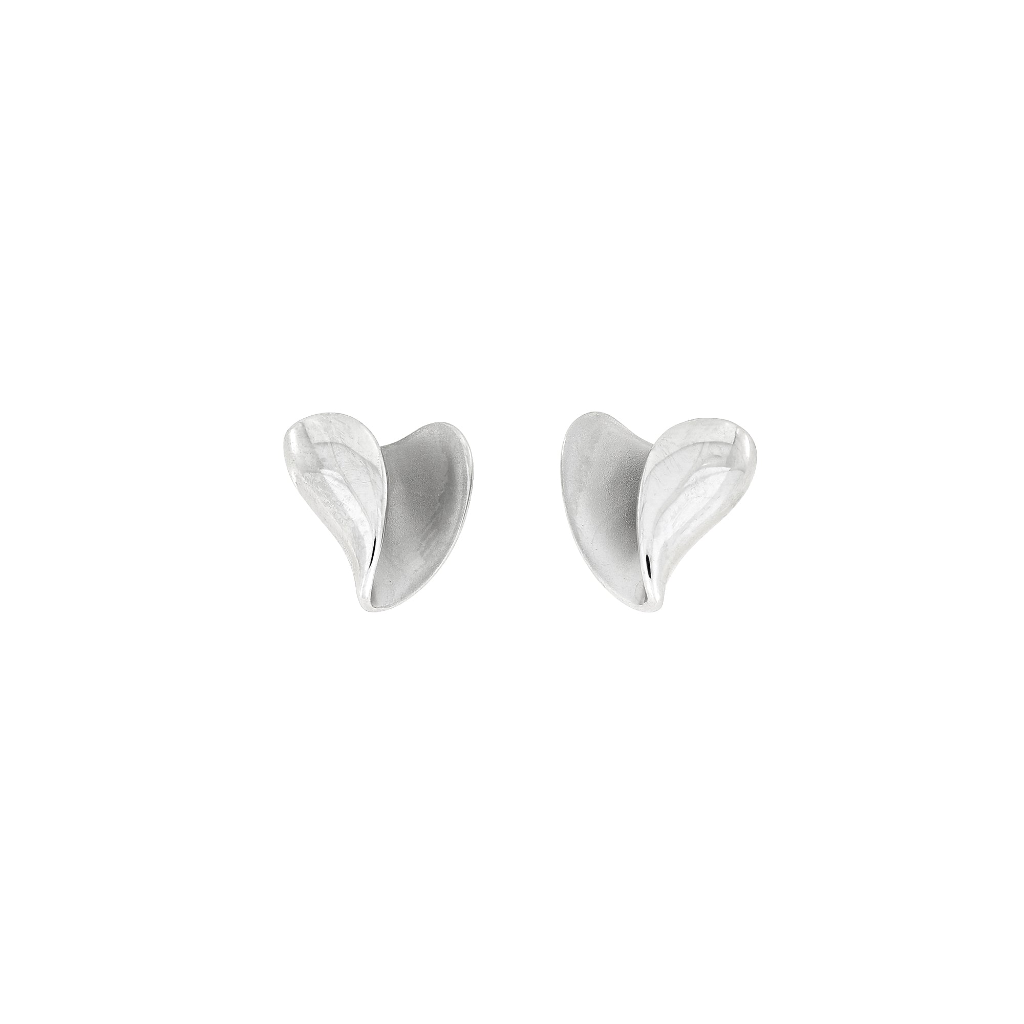 Pair of sterling silver stud earrings crafted in a curling heart shape, featuring smooth, flowing contours that highlight a modern sculptural aesthetic.