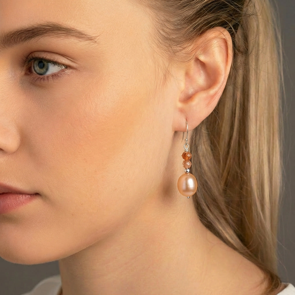 Sunstone and Freshwater Pearl Earrings
