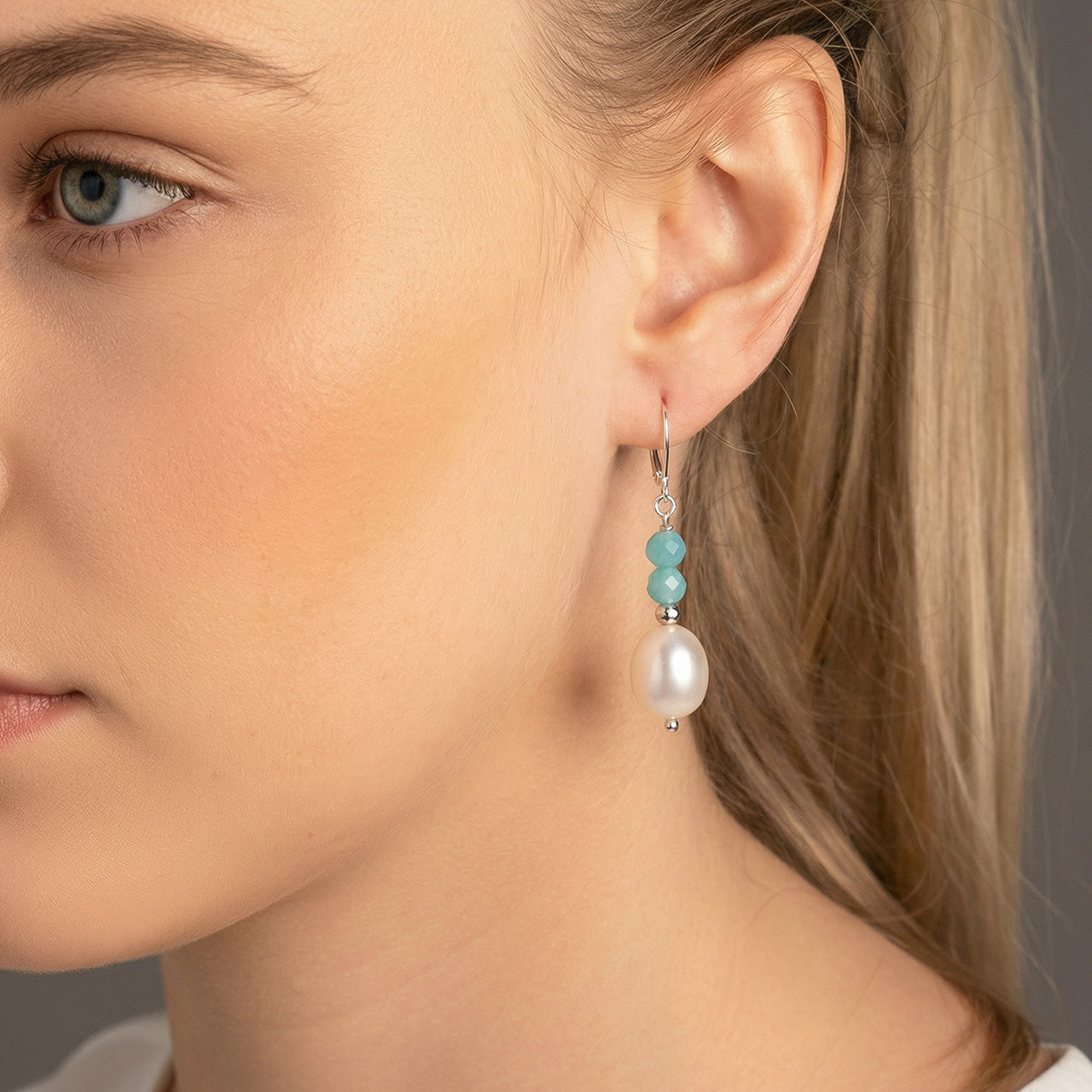 Amazonite and Freshwater Pearl Drop Earrings