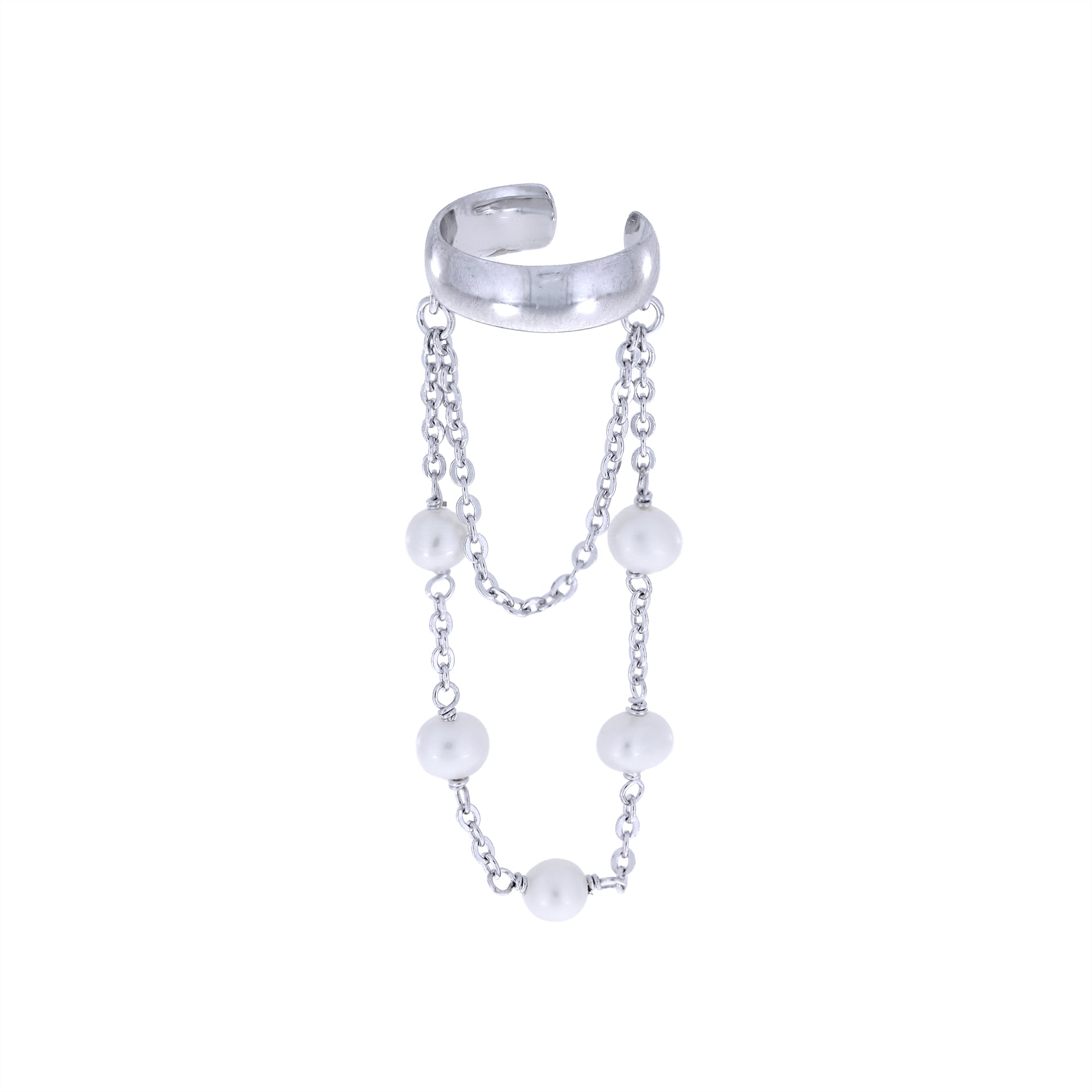Azendi silver ear cuff with chain and pearls on a white background