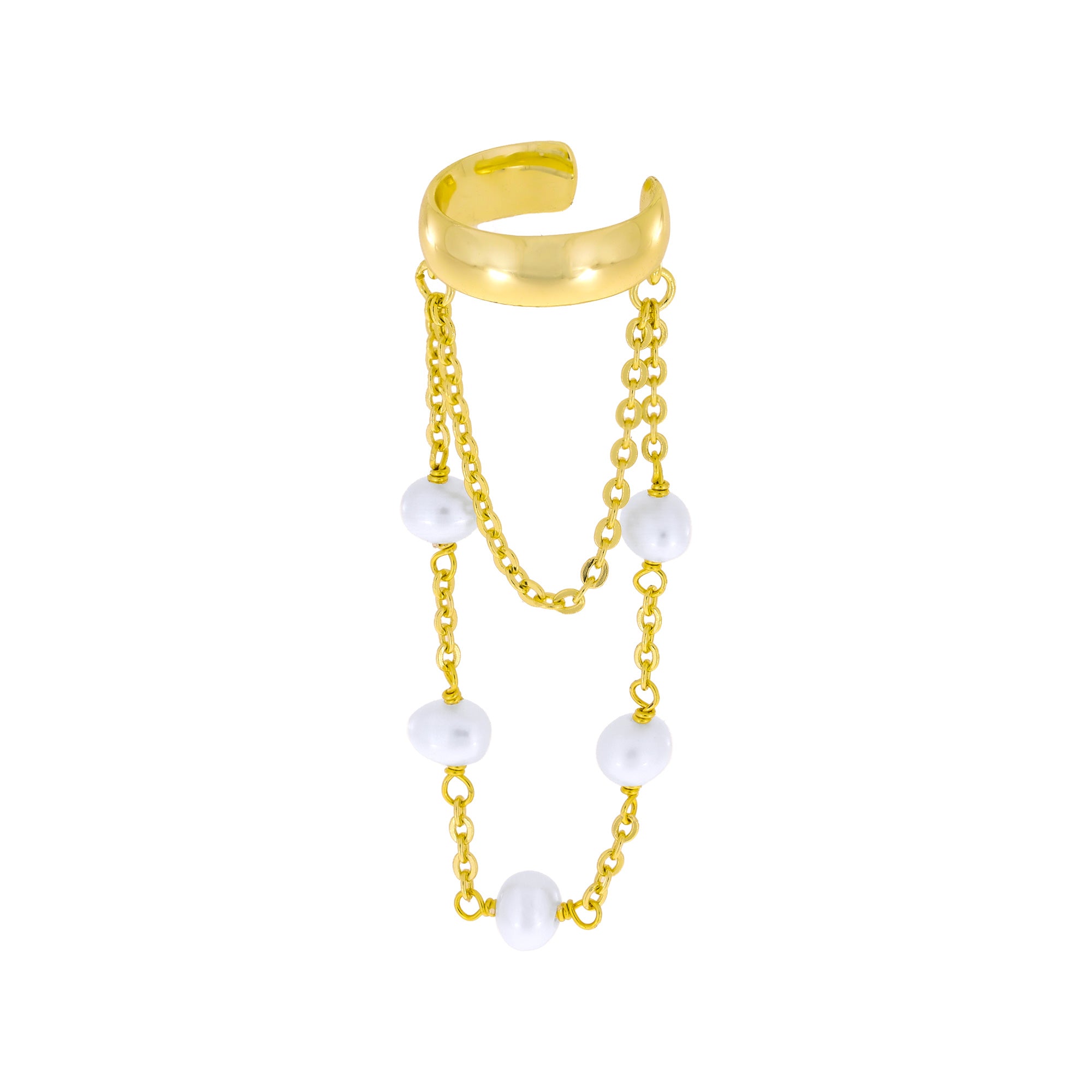 Azendi gold vermeil ear cuff with pearl chain on a white background