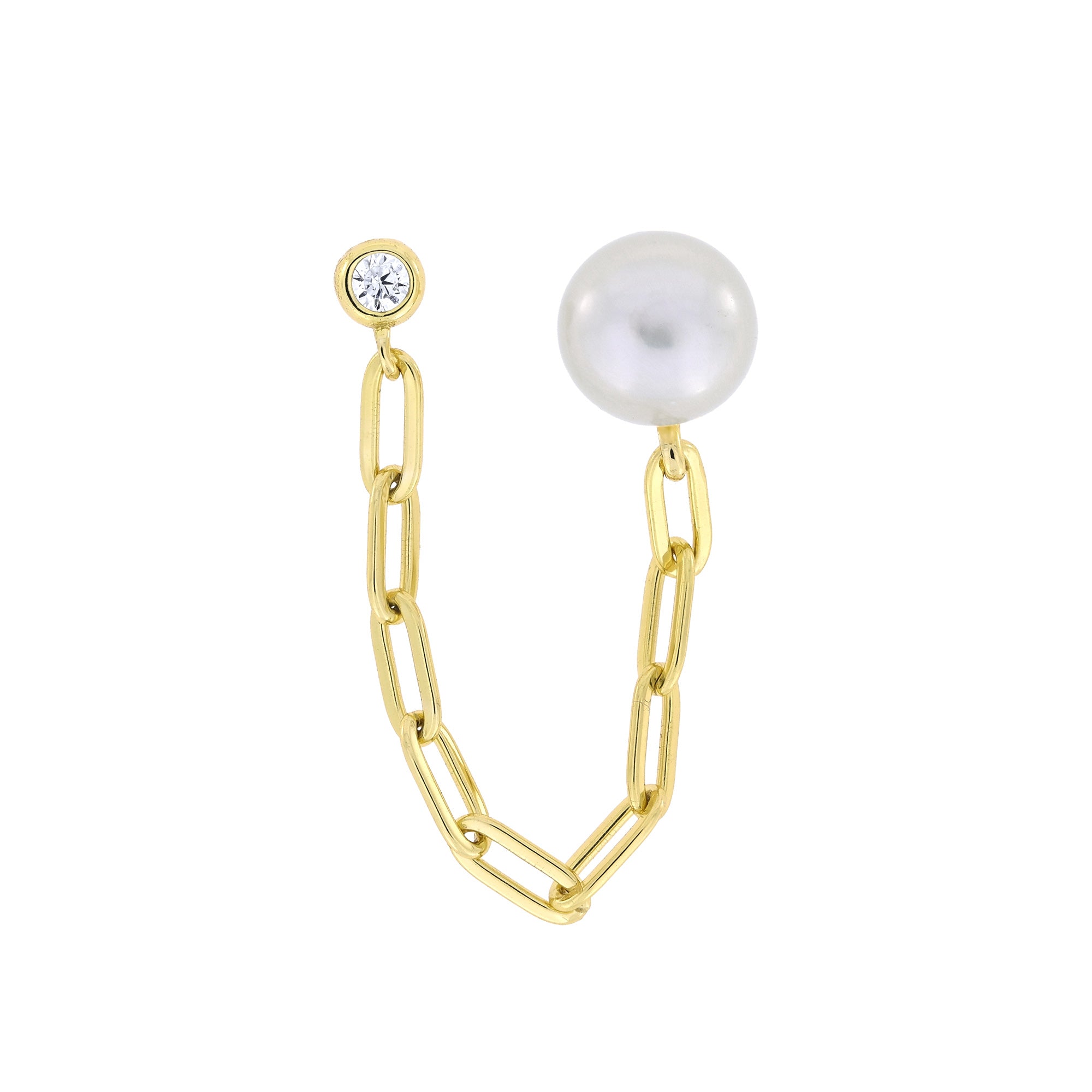 Azendi gold vermeil chain double stud earring with a pearl and cubic zirconia on a white background