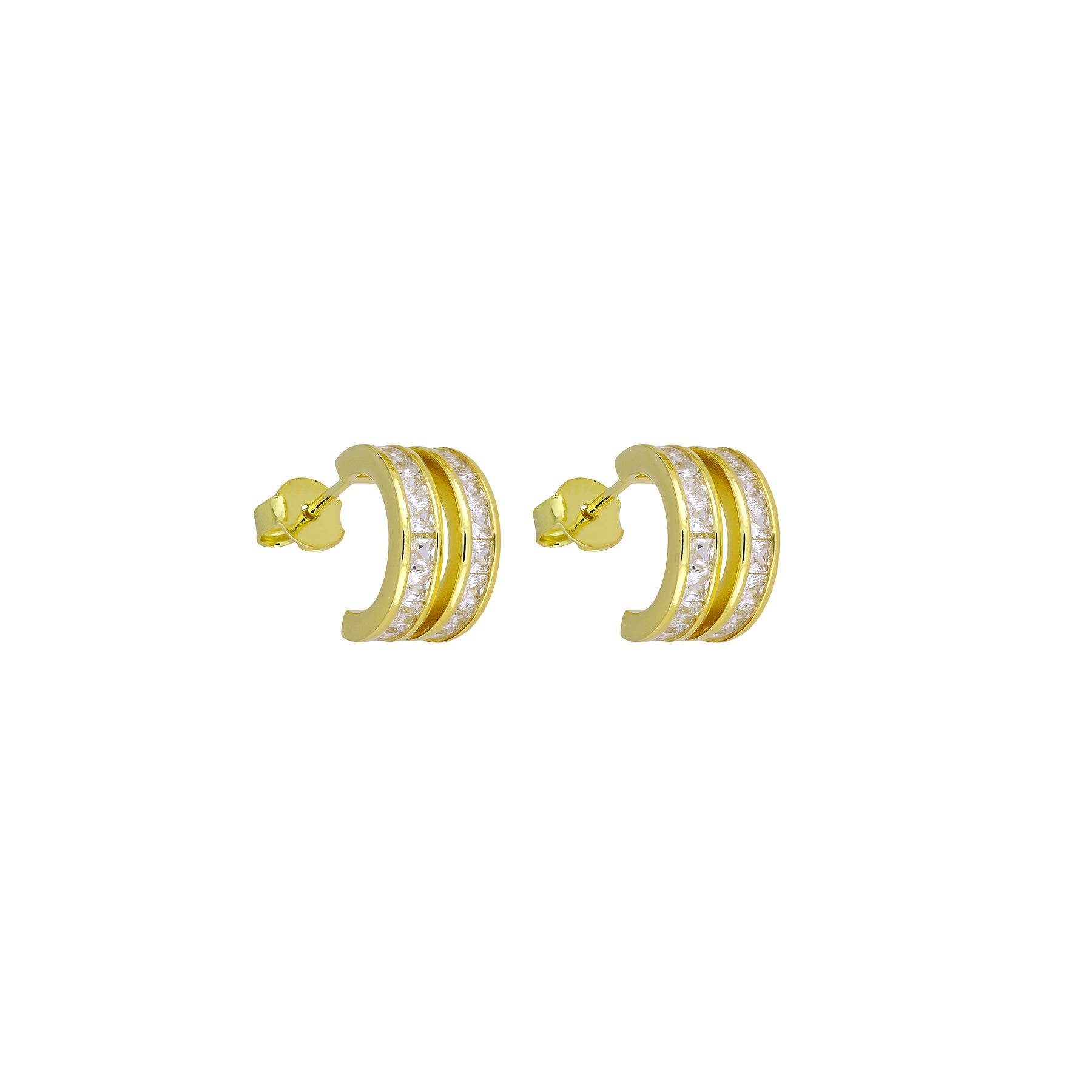 Pair of gold vermeil earrings featuring double hoop design with a row of channel-set cubic zirconia stones, combining sleek modernity with refined sterling silver craftsmanship.