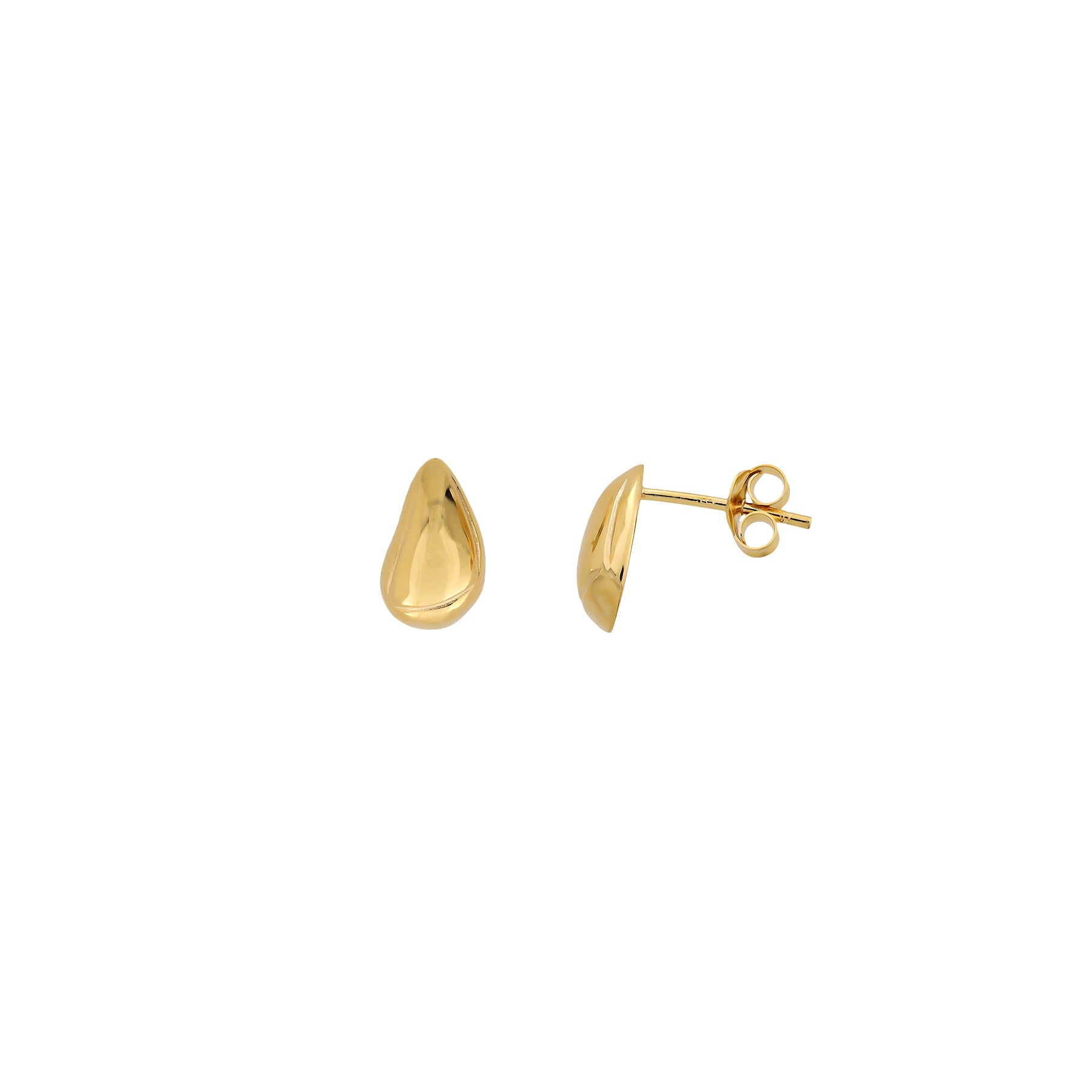 Pair of polished gold vermeil droplet stud earrings with smooth, sculptural surfaces, offering a contemporary and refined look in sterling silver jewellery design.