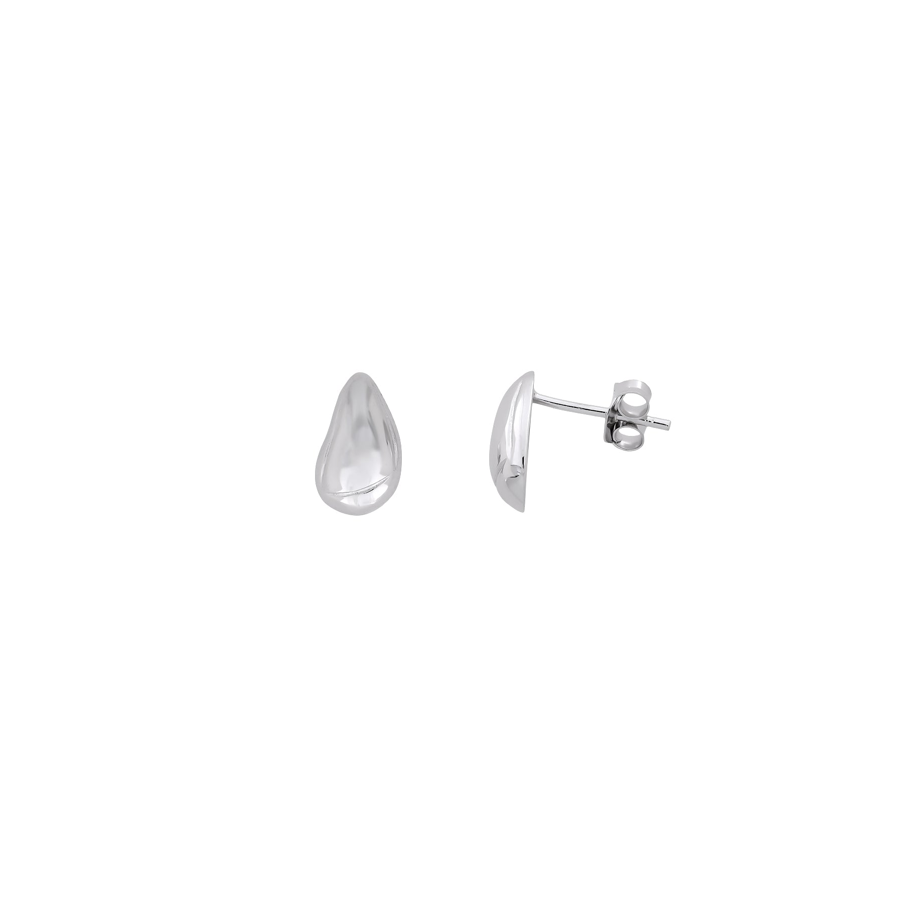 Pair of polished sterling silver droplet stud earrings with smooth, sculptural contours, showcasing a minimalist and contemporary design in fine silver jewellery.