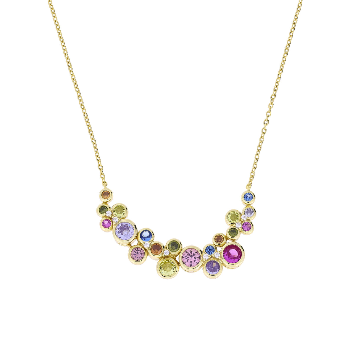 Gold vermeil necklace featuring a cluster of colorful bubble-shaped gemstones suspended on a delicate adjustable chain, blending vibrant hues with refined contemporary design.