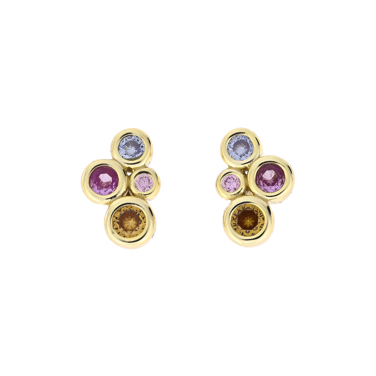 Pair of gold vermeil stud earrings featuring a cluster of colourful pink and purple bubble-shaped gemstones, showcasing a contemporary and refined design by Azendi.
