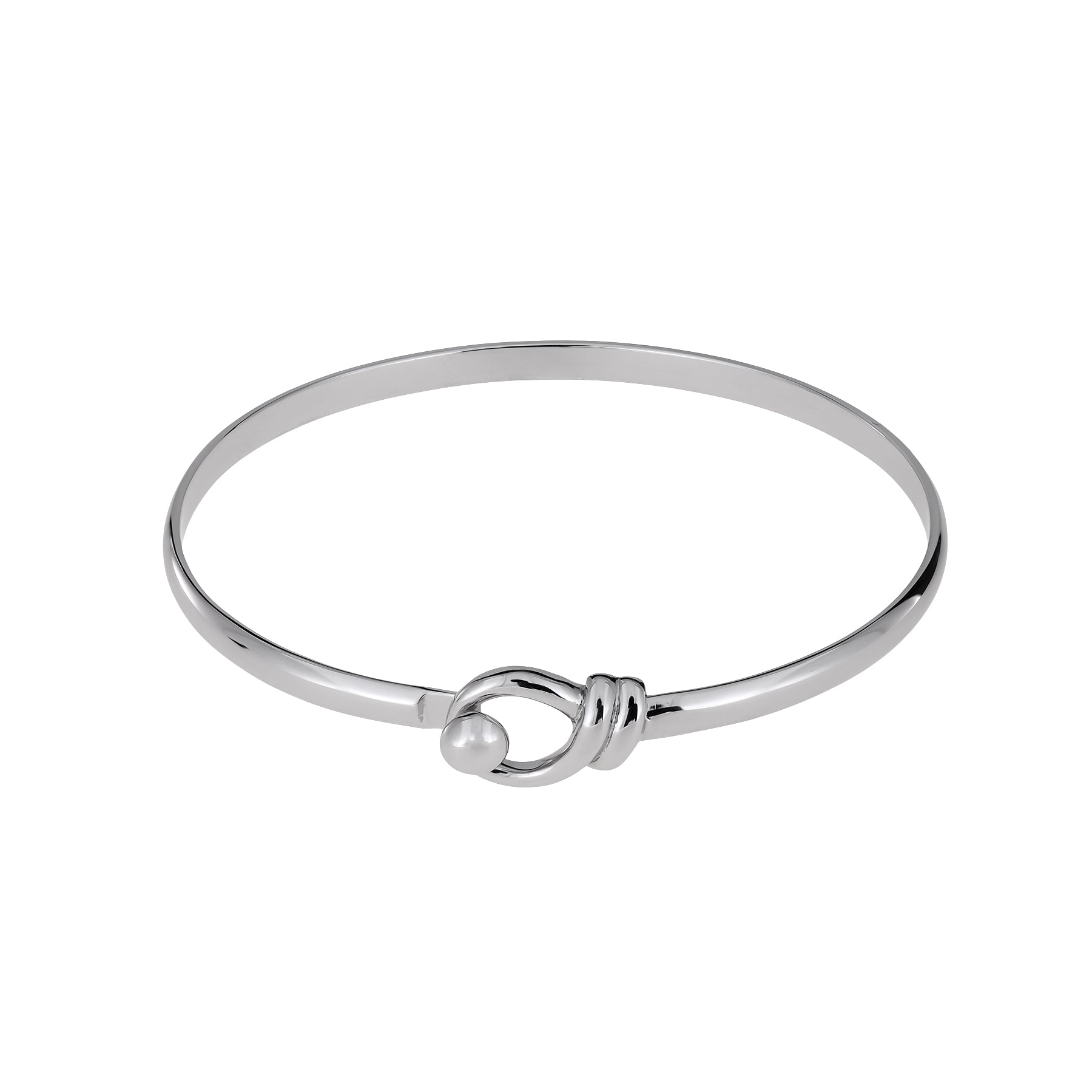 Delicate sterling silver bangle featuring a looping hook detail with a subtle polished finish, embodying minimalist elegance in contemporary silver jewellery design.