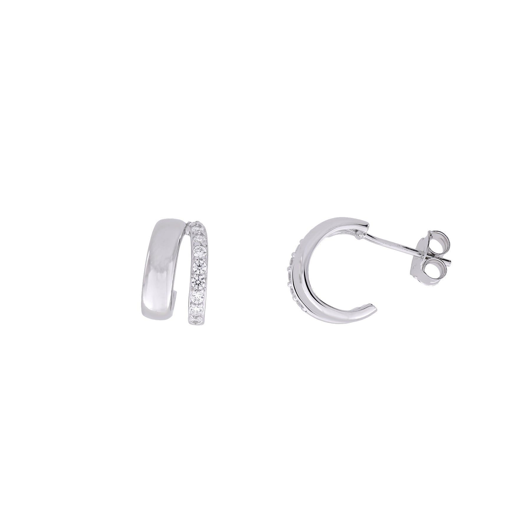 Pair of sterling silver half hoop earrings featuring two slender intertwined strands, one polished and the other set with sparkling gemstones, showcasing refined contemporary design.