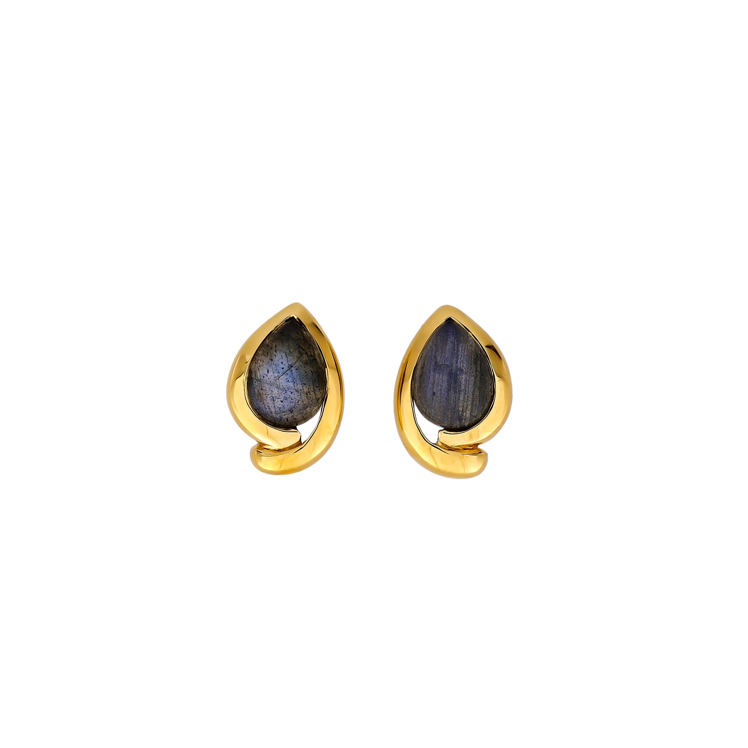 Gold vermeil teardrop stud earrings featuring polished spectrolite gemstones, designed with a modern sculptural silhouette for elegant, contemporary jewellery styling.