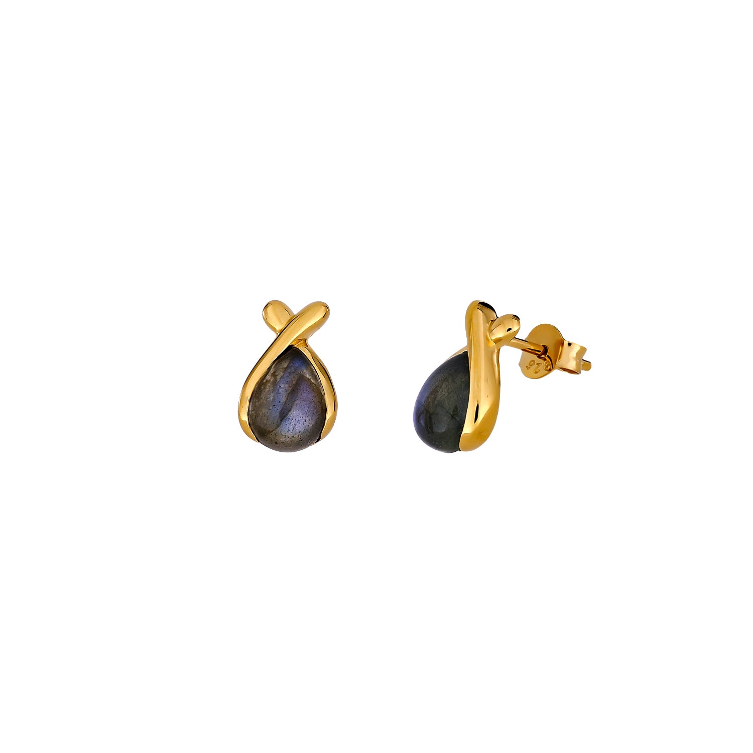 Delicate gold vermeil stud earrings featuring teardrop-shaped spectrolite gemstones set within a sculptural gold frame, offering a modern and elegant design.