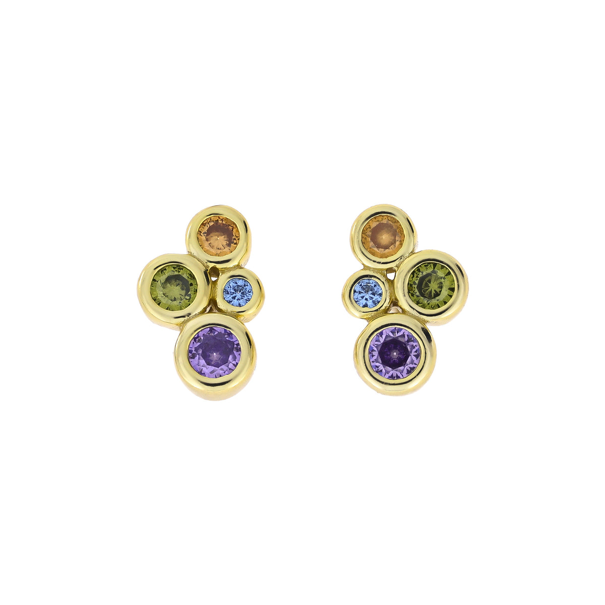 Gold vermeil stud earrings featuring a modern cluster design with colorful purple, blue, black, and champagne gemstones, embodying refined contemporary jewellery by Azendi.