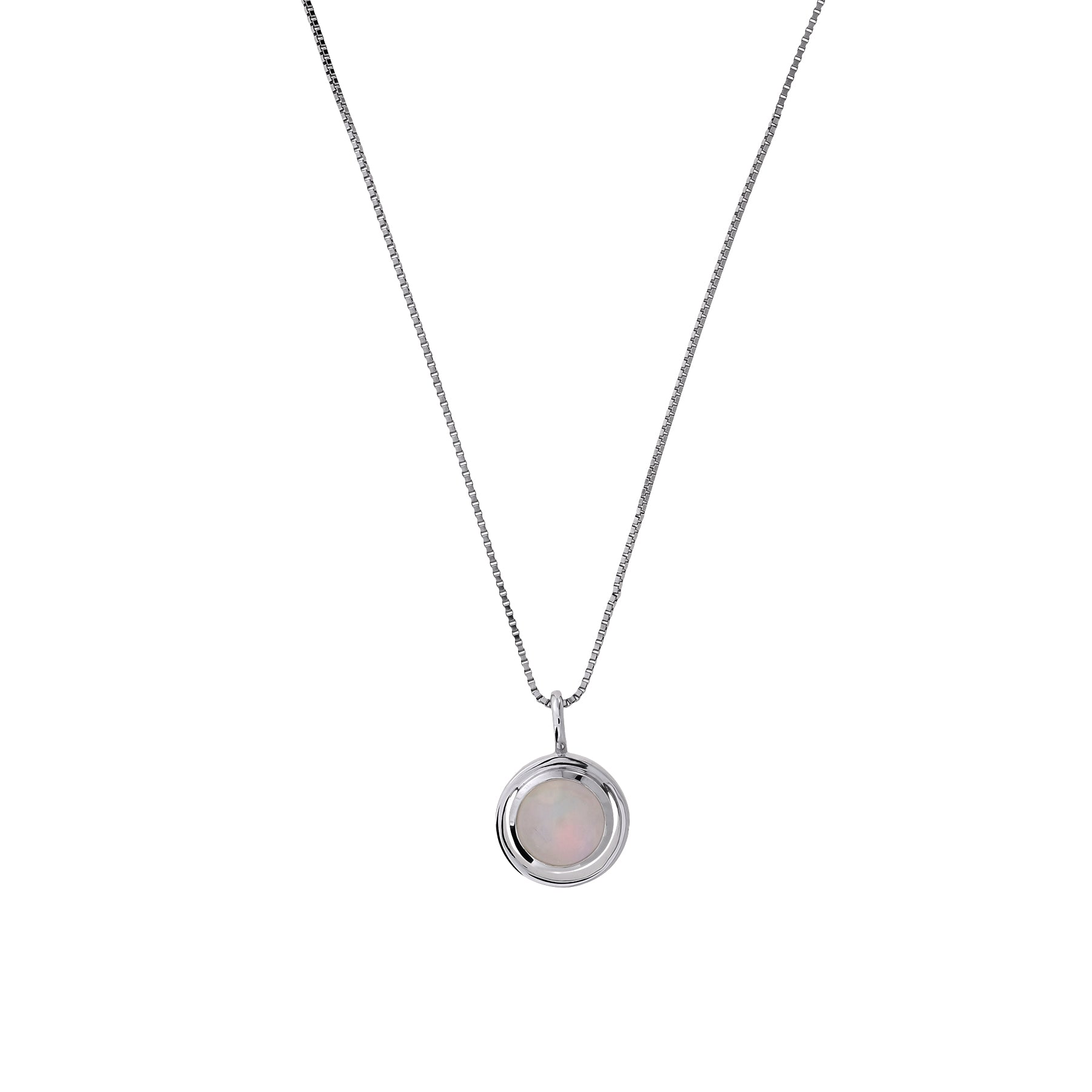 Sterling silver pendant featuring a polished circular frame encasing a luminous opal stone, suspended on a fine silver chain for a modern and elegant jewellery piece.