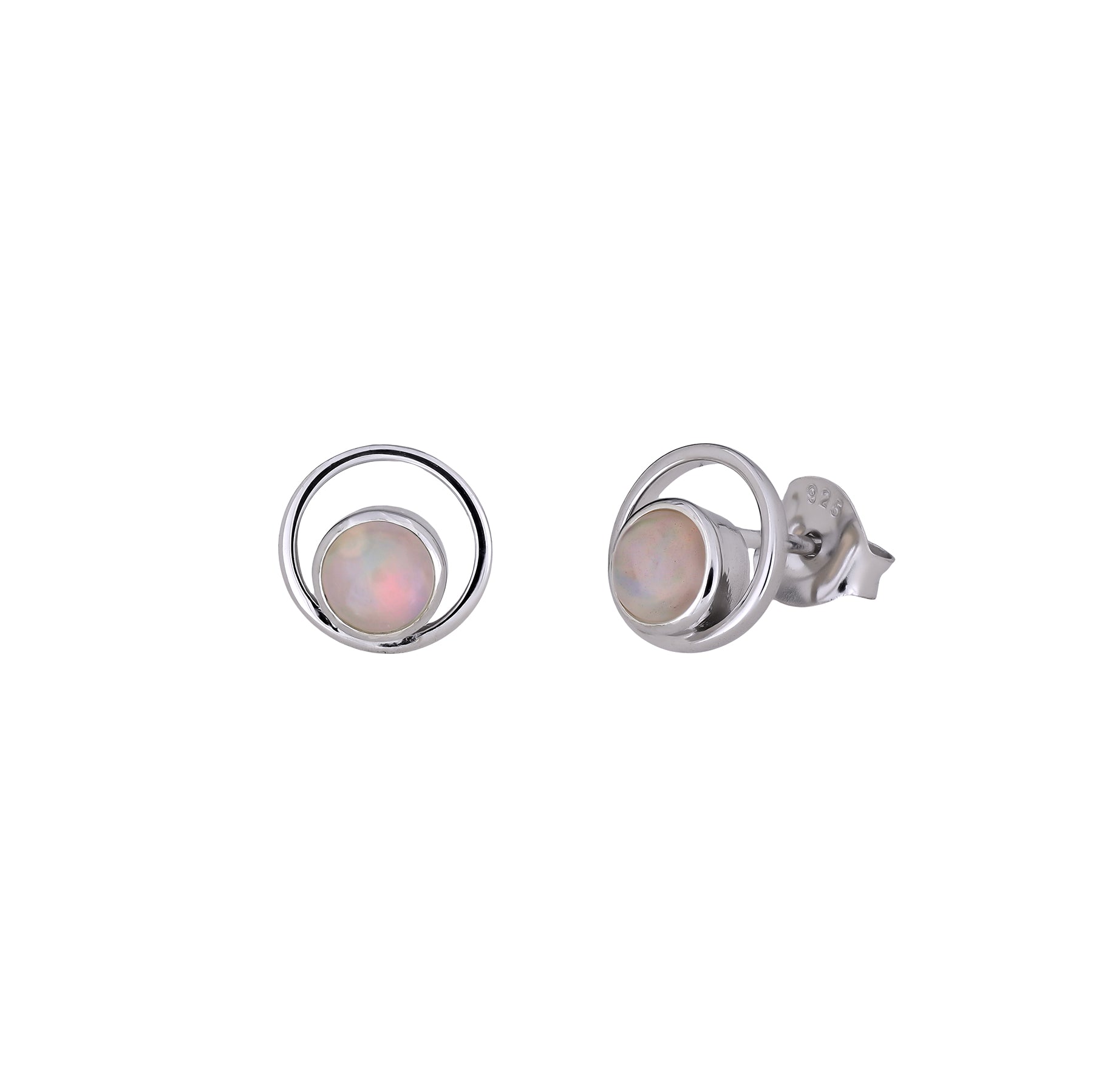 Pair of sterling silver stud earrings featuring luminous opal stones set within open circular frames, showcasing a modern and elegant design by Azendi.