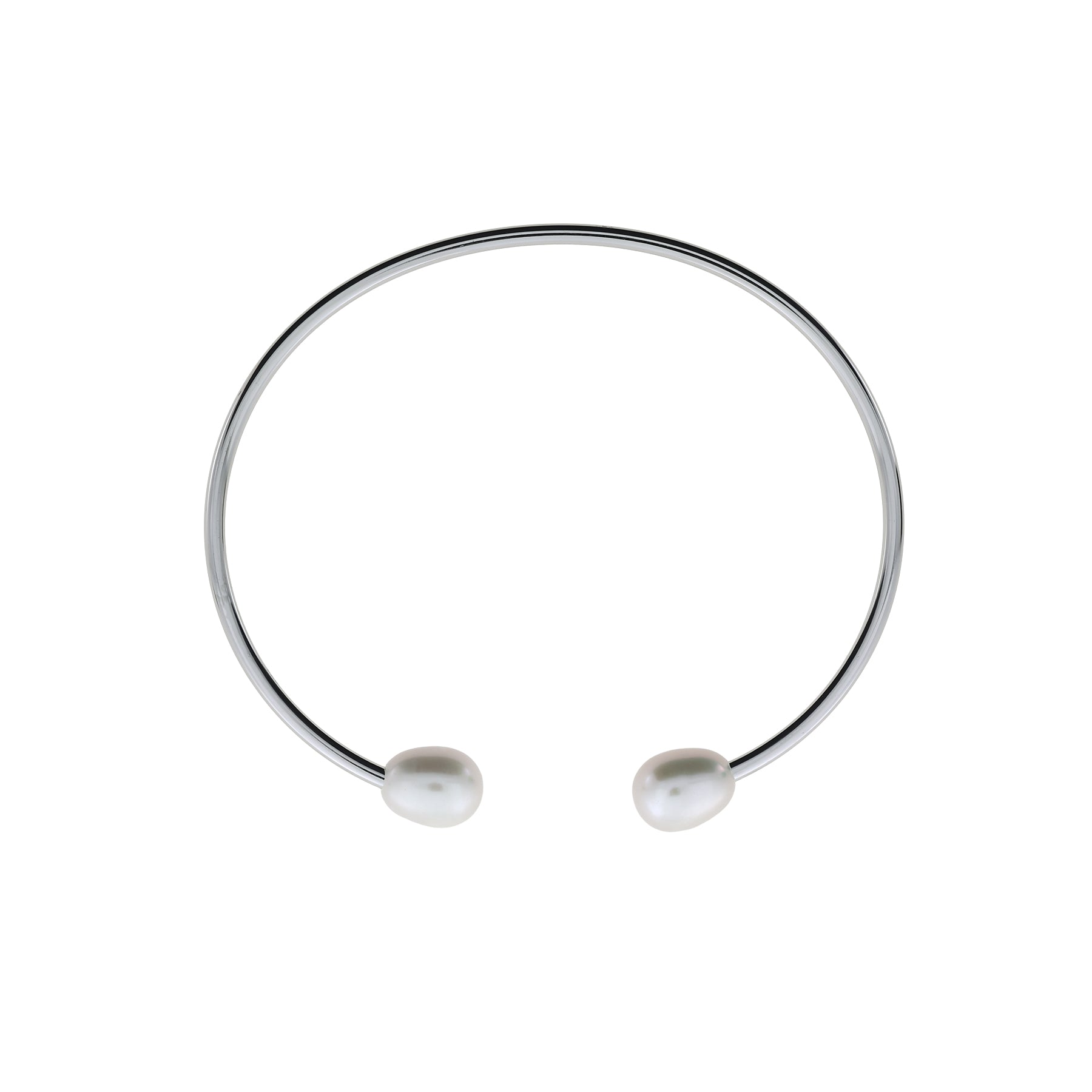 Sterling silver flexi cuff bangle featuring two lustrous freshwater pearls at each open end, showcasing a sleek and modern design in contemporary silver jewellery.