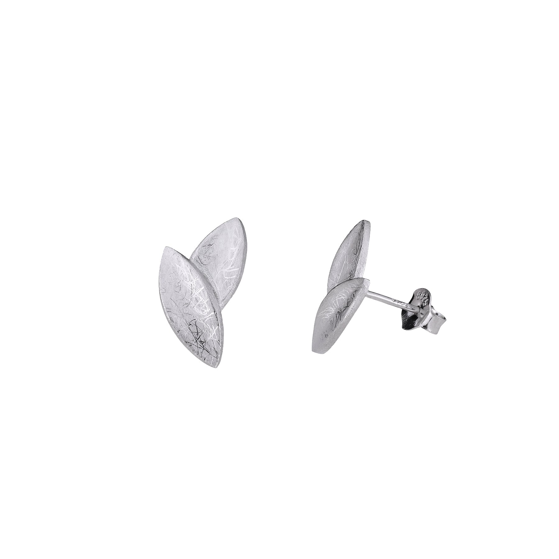 Pair of sterling silver stud earrings featuring a textured double leaf design with a subtle matte finish, exemplifying contemporary sculptural elegance in fine silver jewellery.