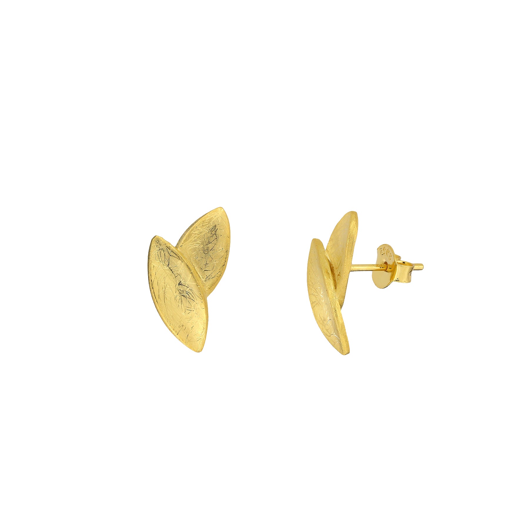 Pair of gold vermeil stud earrings featuring a textured double leaf design with a sculptural finish, exemplifying elegant contemporary fine jewellery by Azendi.