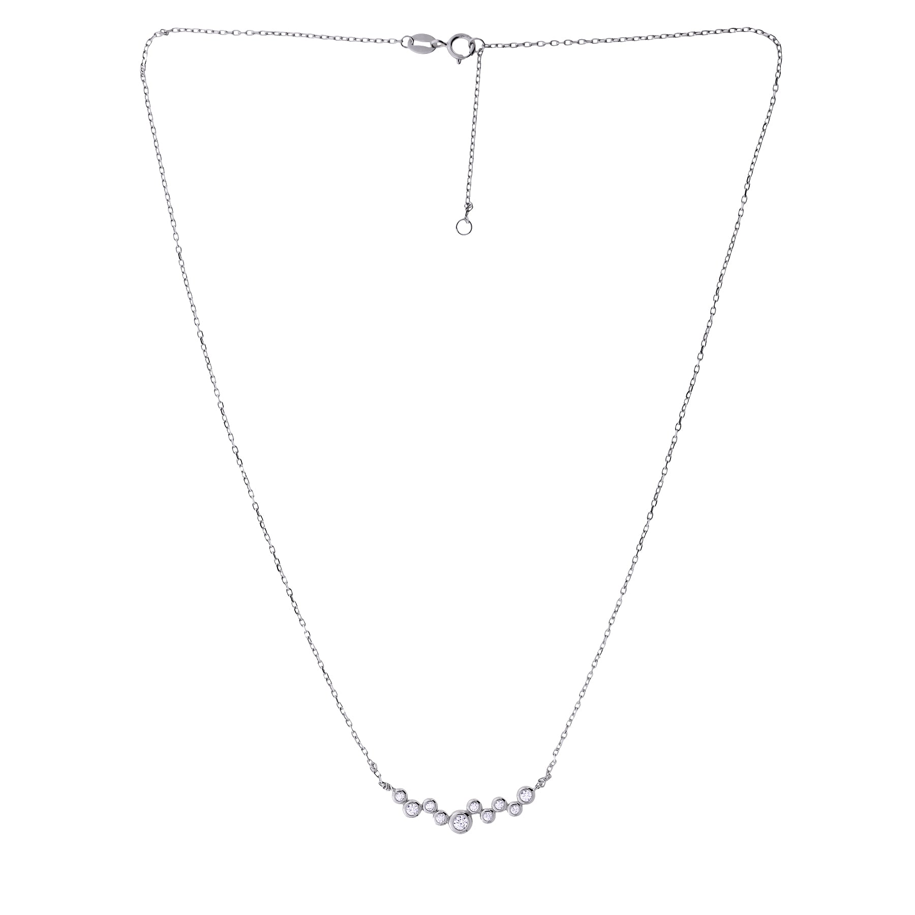 Delicate sterling silver necklace featuring a cluster of sparkling cubic zirconia stones arranged in a subtle linear design, adjustable for versatile wear.